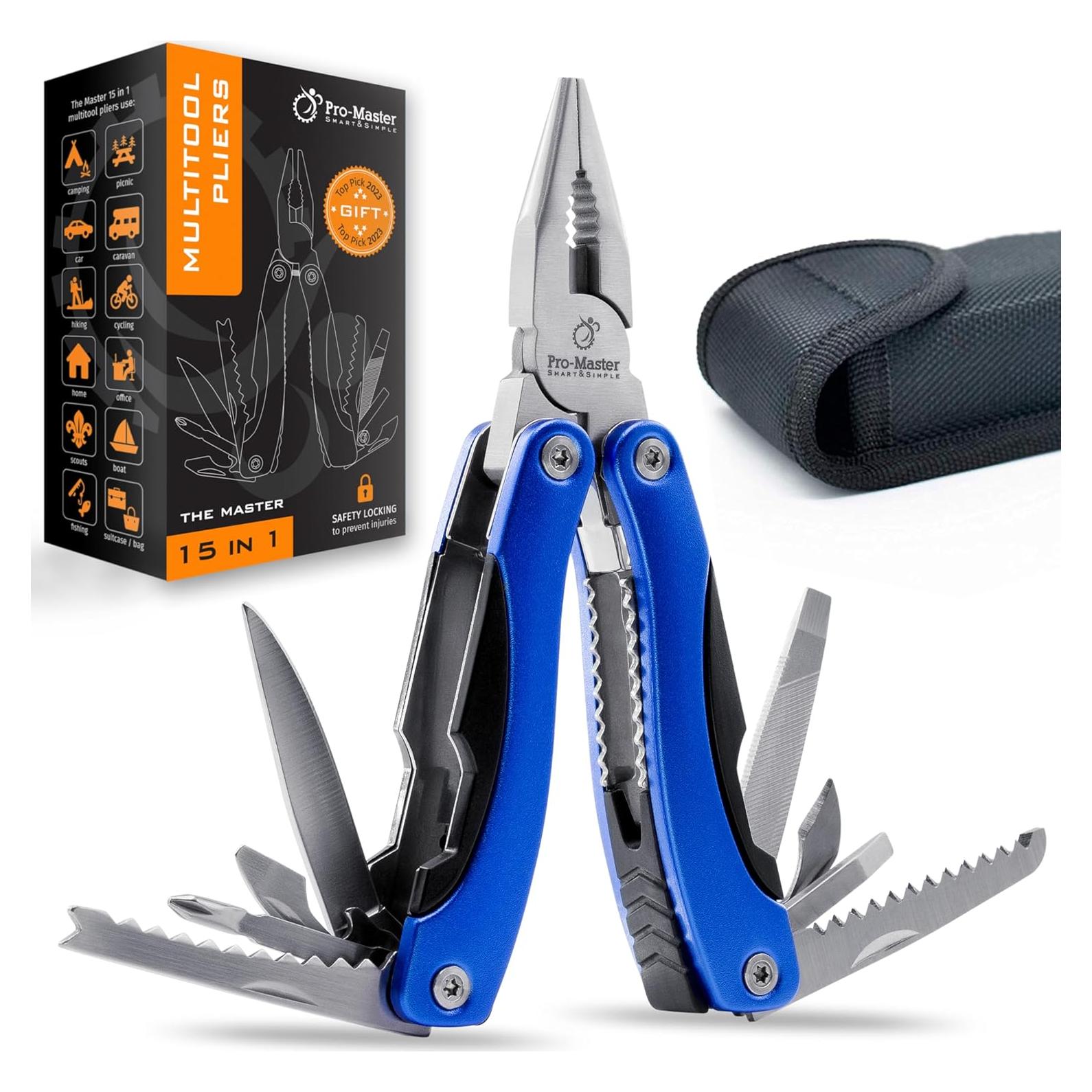 Multiherramienta 15-en-1 Pro-Master, acero inoxidable, azul