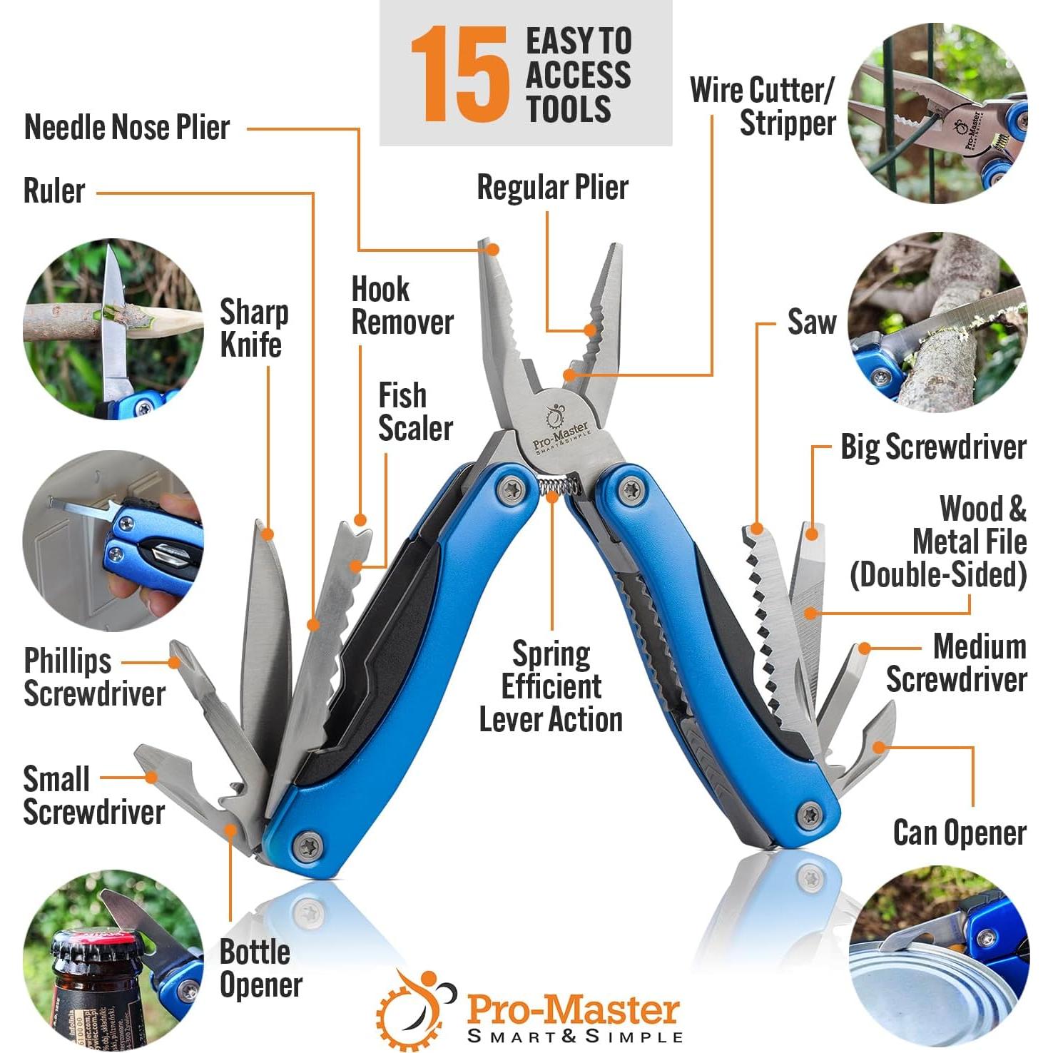 Multiherramienta 15-en-1 Pro-Master, acero inoxidable, azul