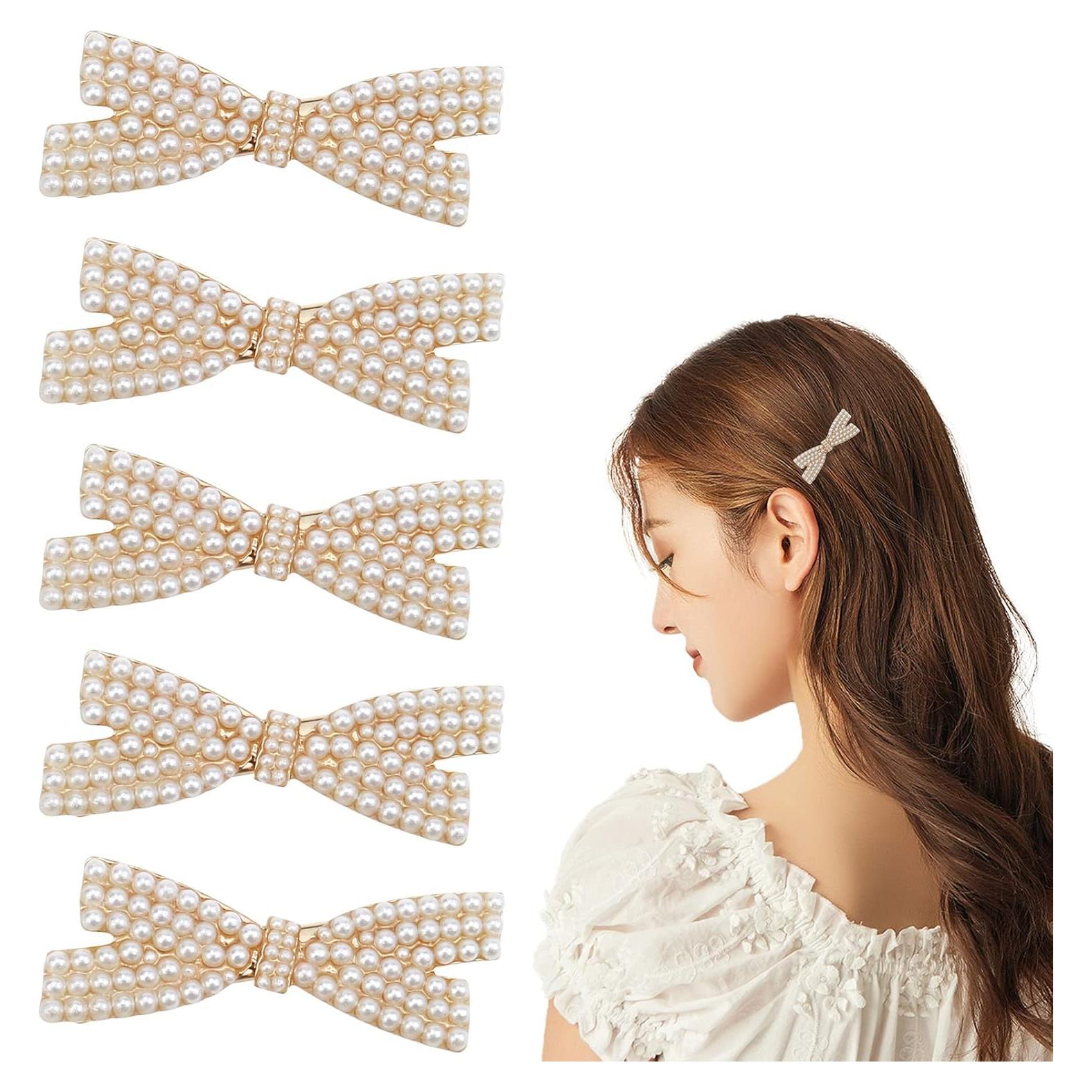 5 Clips de Pelo con Lazo de Perlas Dorados - Aswewamt
