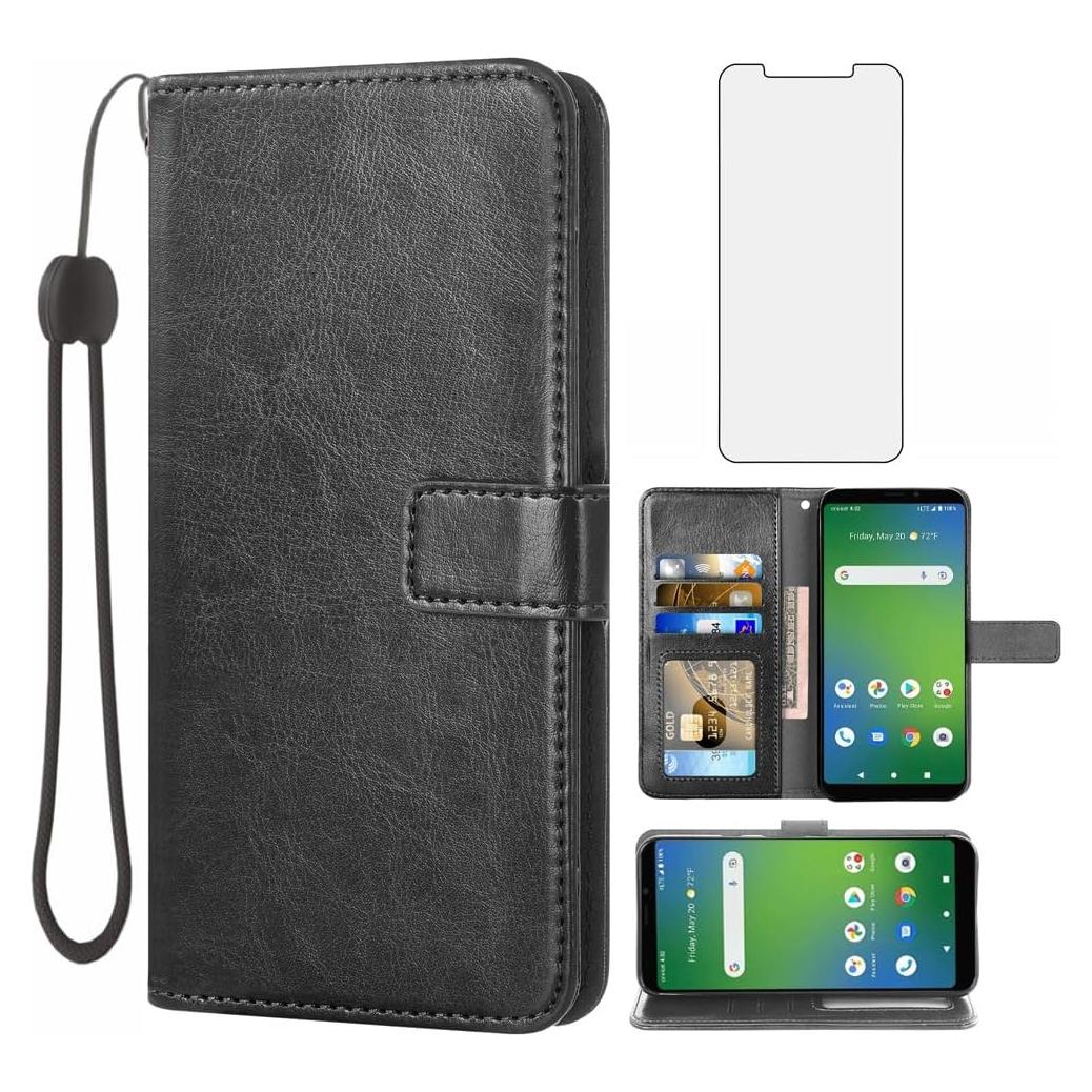 Funda de Cartera Asuwish para Cricket Vision Plus Negro con Protector