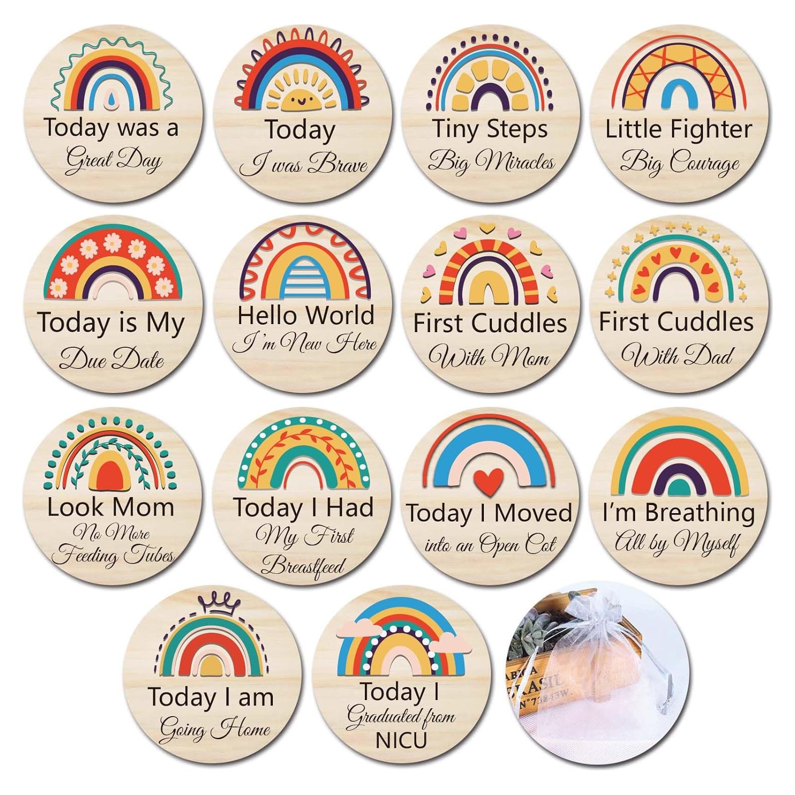 Tarjetas de Hitos NICU de Madera RORANIC - 14 Diseños Reversibles