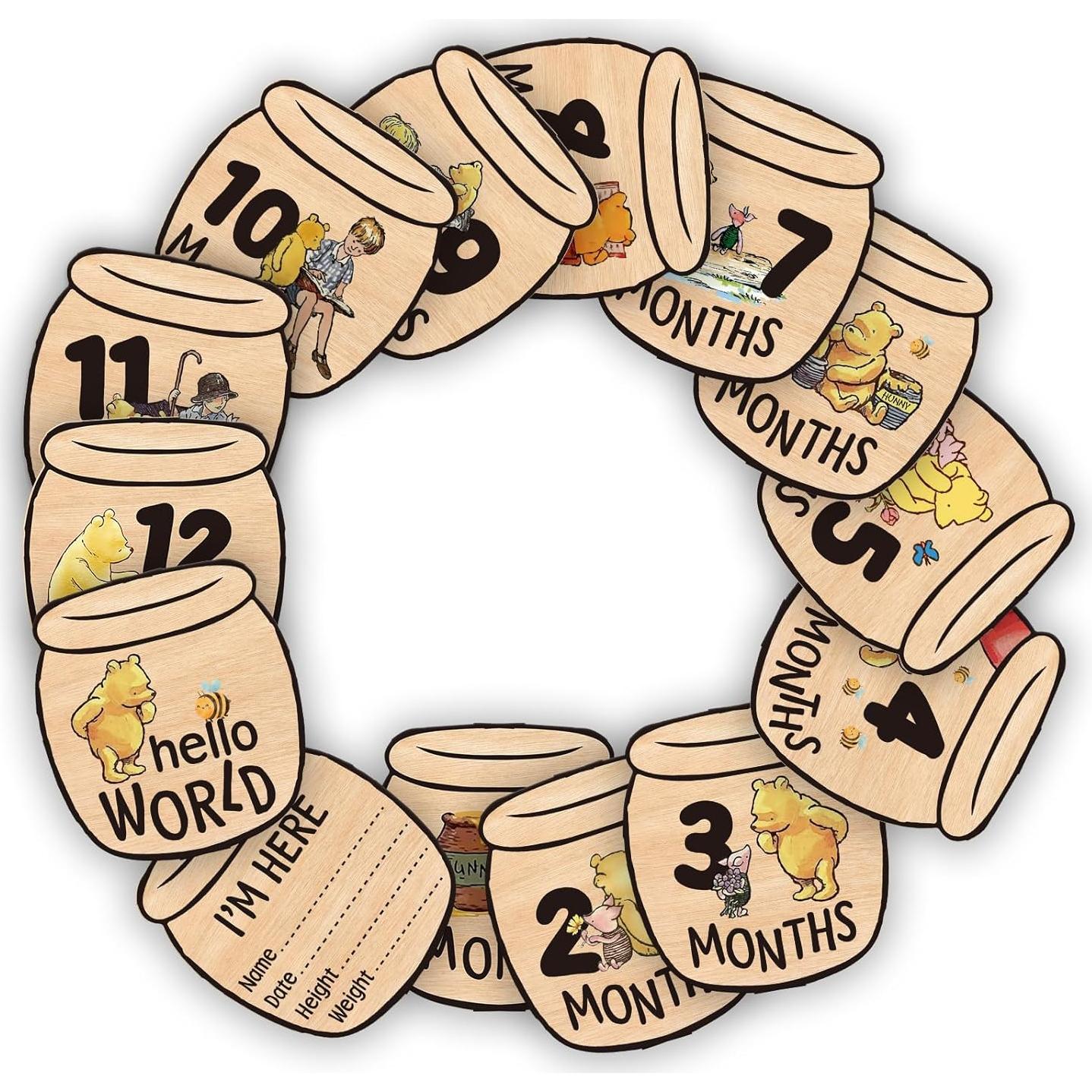 Tarjetas de Hito Mensual de Madera Oso - 12 Carteles Doble Cara