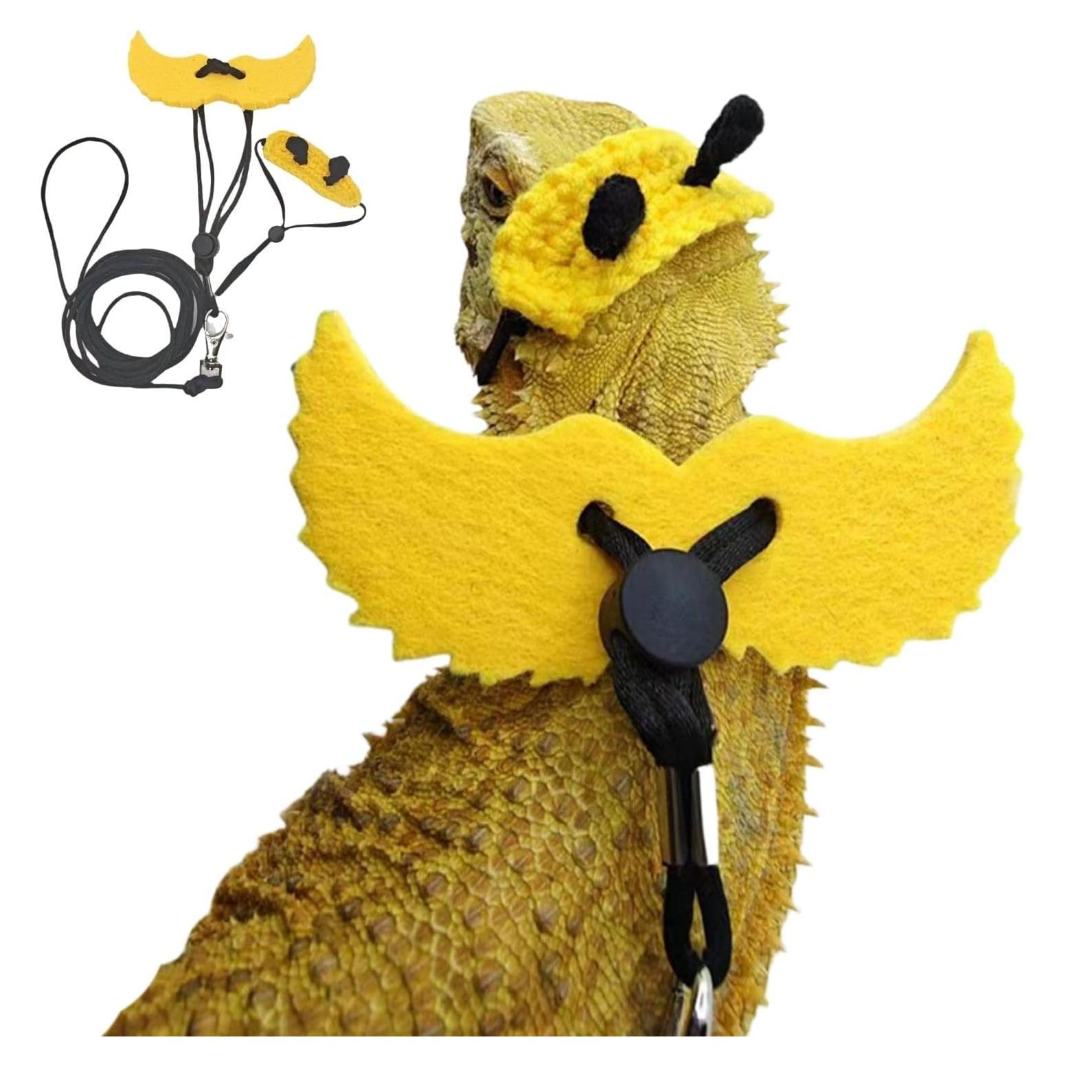 Bearded Dragon Harness and Leash Set - Adjustable Lizard Traction Rope with Wings Knitted Bee Hat Outdoor Walking Leash Escape Proof Reptile Bee Costume Accessories for Lizard Small Pets (Yellow)