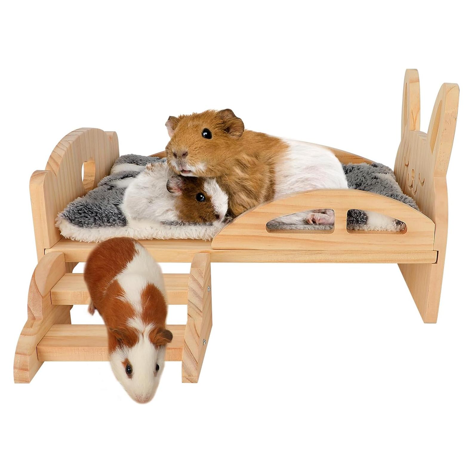 Cama de Madera para Cobayas BWOGUE con Escalera y Alfombrilla