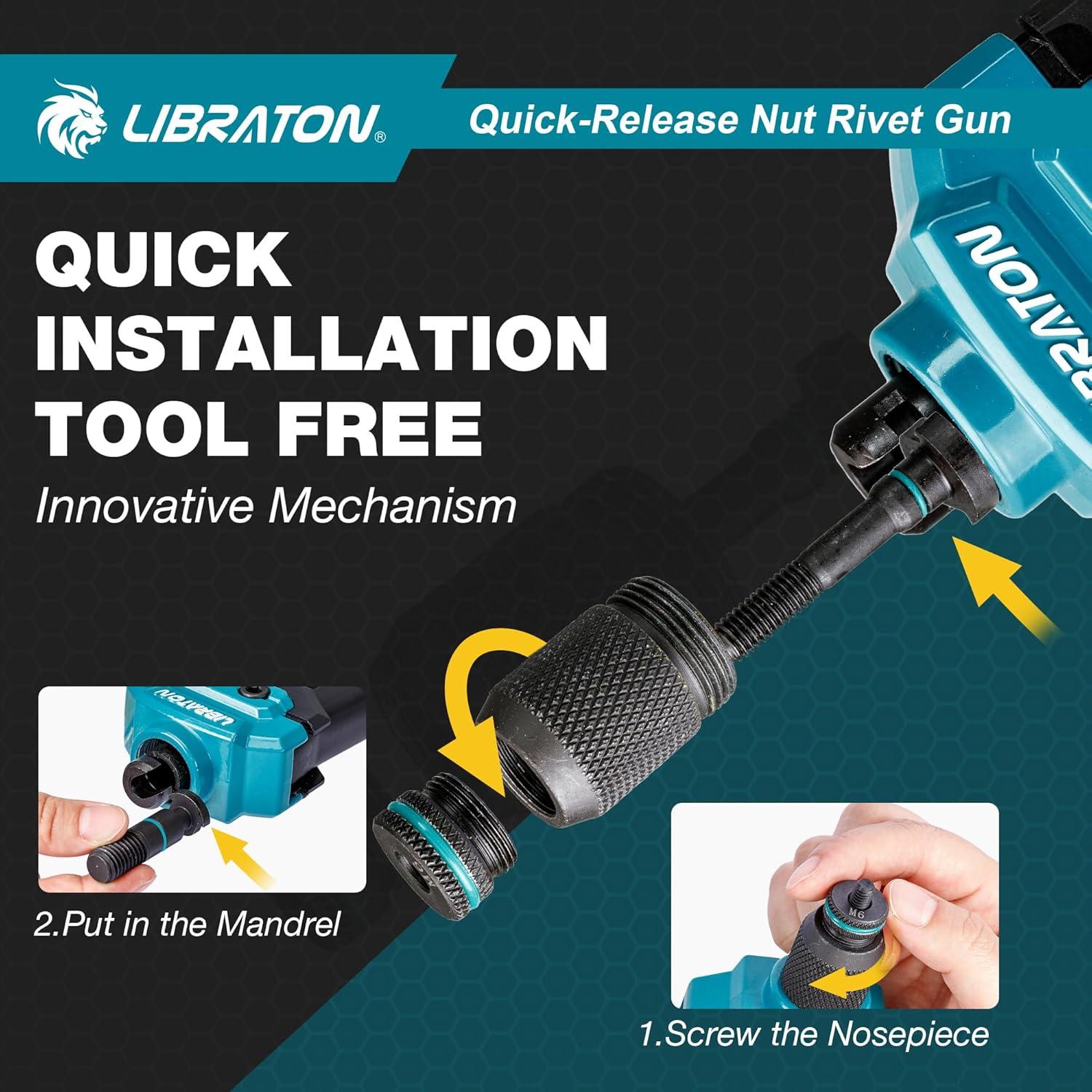 Kit de Herramienta de Tuerca Remachada LIBRATON 40.6 cm con 11 Mandriles