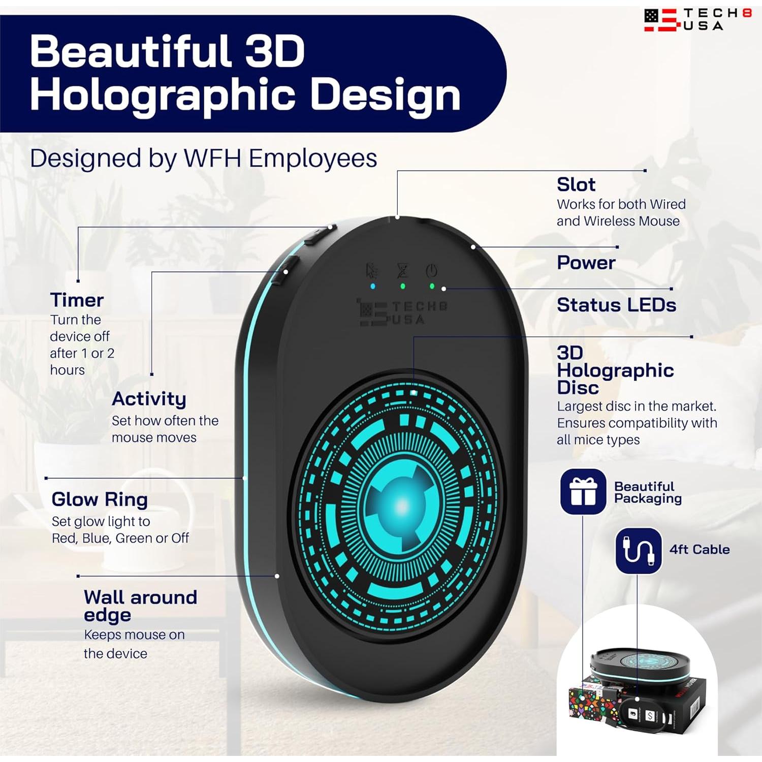 Movedor de Mouse Indetectable TECH8 USA con Disco Holográfico 3D