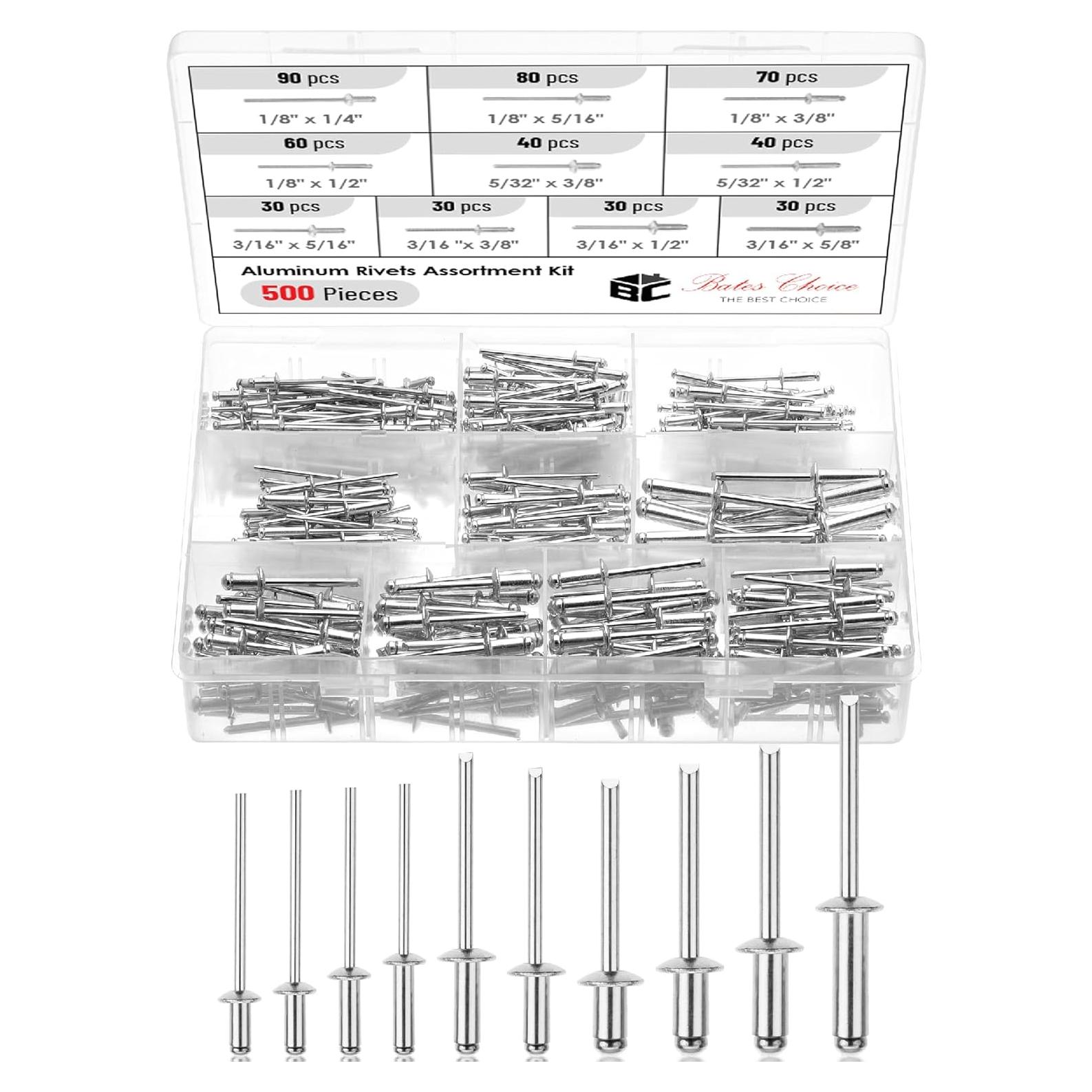 Kit de Remaches Pop Bates 500 Pcs Aluminio 3.2-4.8 mm