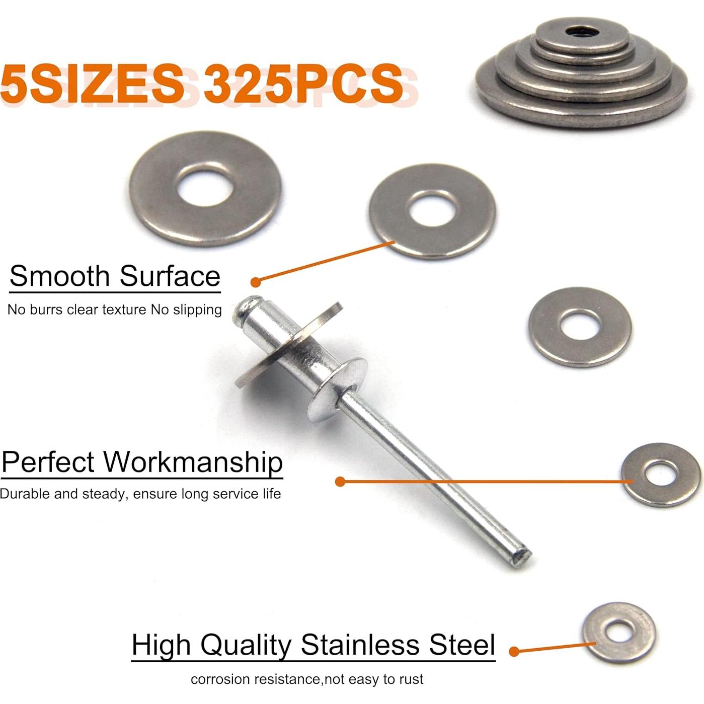 Kit de Arandelas de Remache de Respaldo 325 Piezas Acero Inoxidable