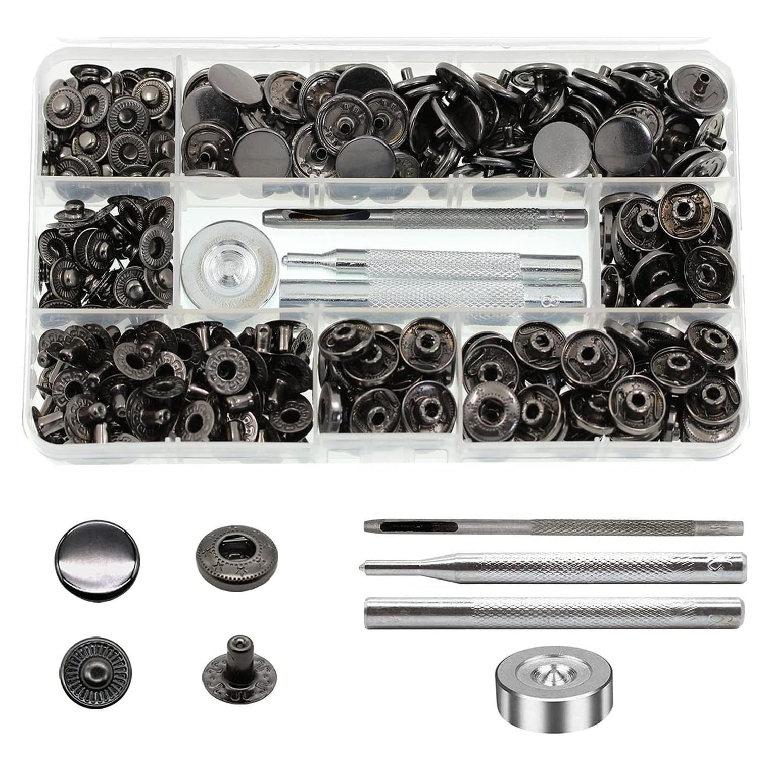 80 Botones a Presión de Cuero Negro BetterJonny 15mm con Herramientas