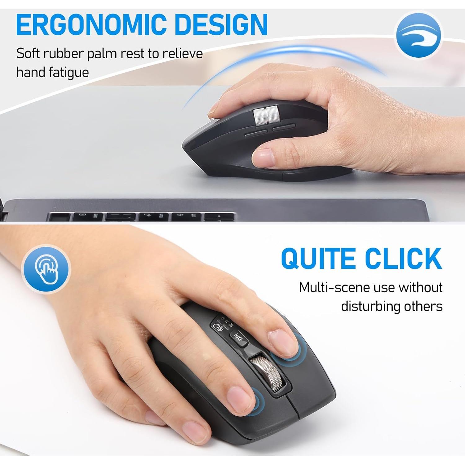 Wireless Side Scroll Mouse with Multi-Device, Ergonomic Computer Mice with Smart Flying Scroll, Quiet Click for Computer, Laptop, iPad, Tablet, MacBook (Grey)