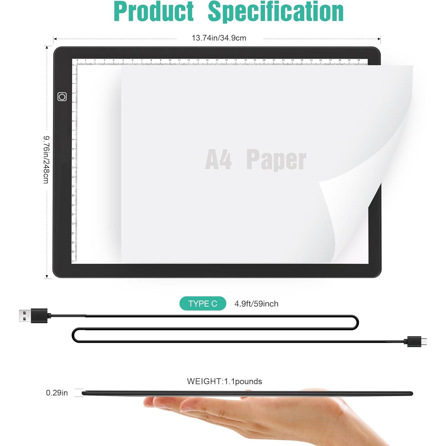 Tableta de Luz LED Comzler A4 Negra, Brillo Regulable 3 Niveles