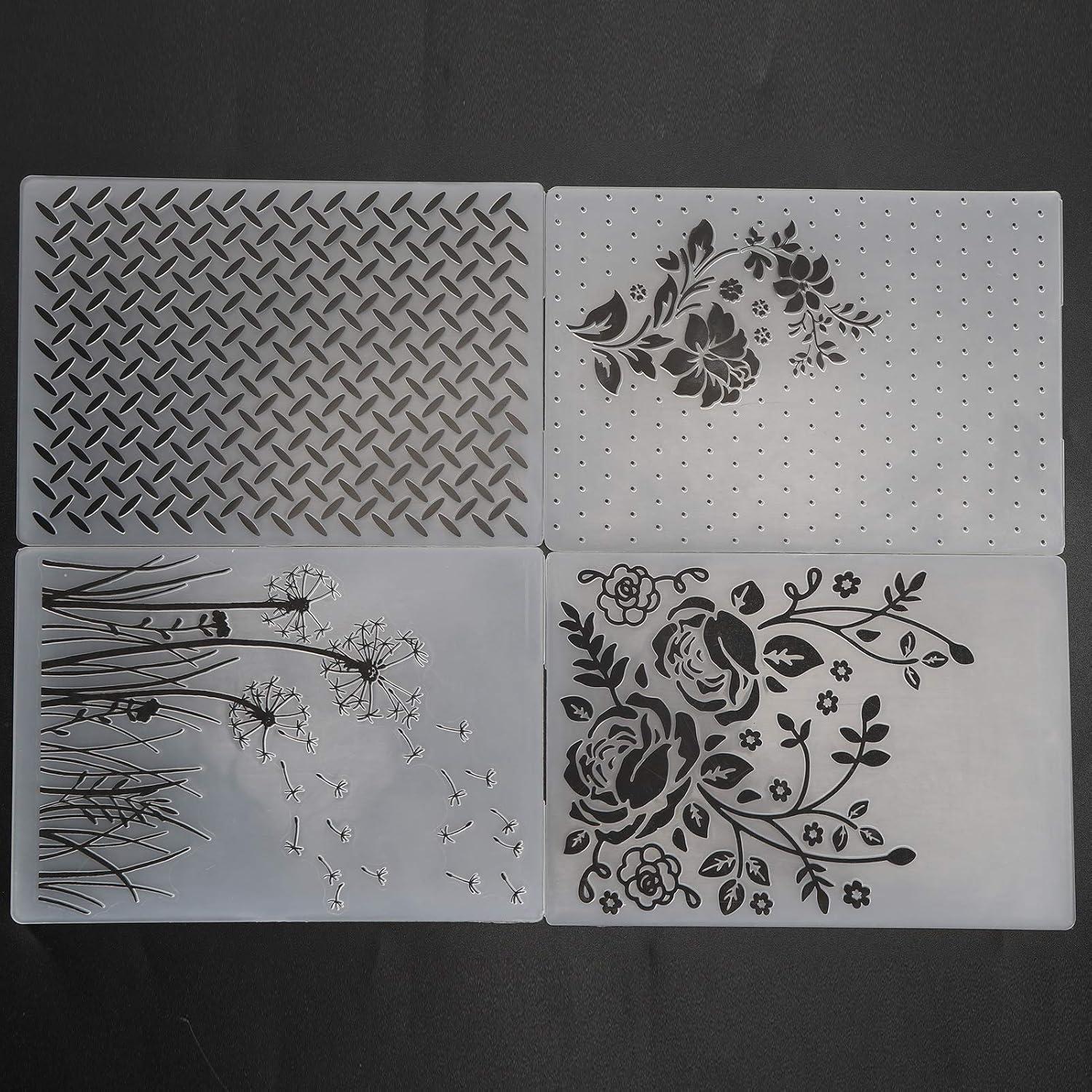 Embossing Folder, 4Pcs Plastic Embossed Template Embossing Folders Stencil Decorating for DIY Scrapbooking Card Making Photo Album Stamps Paper Craft Making Decoration