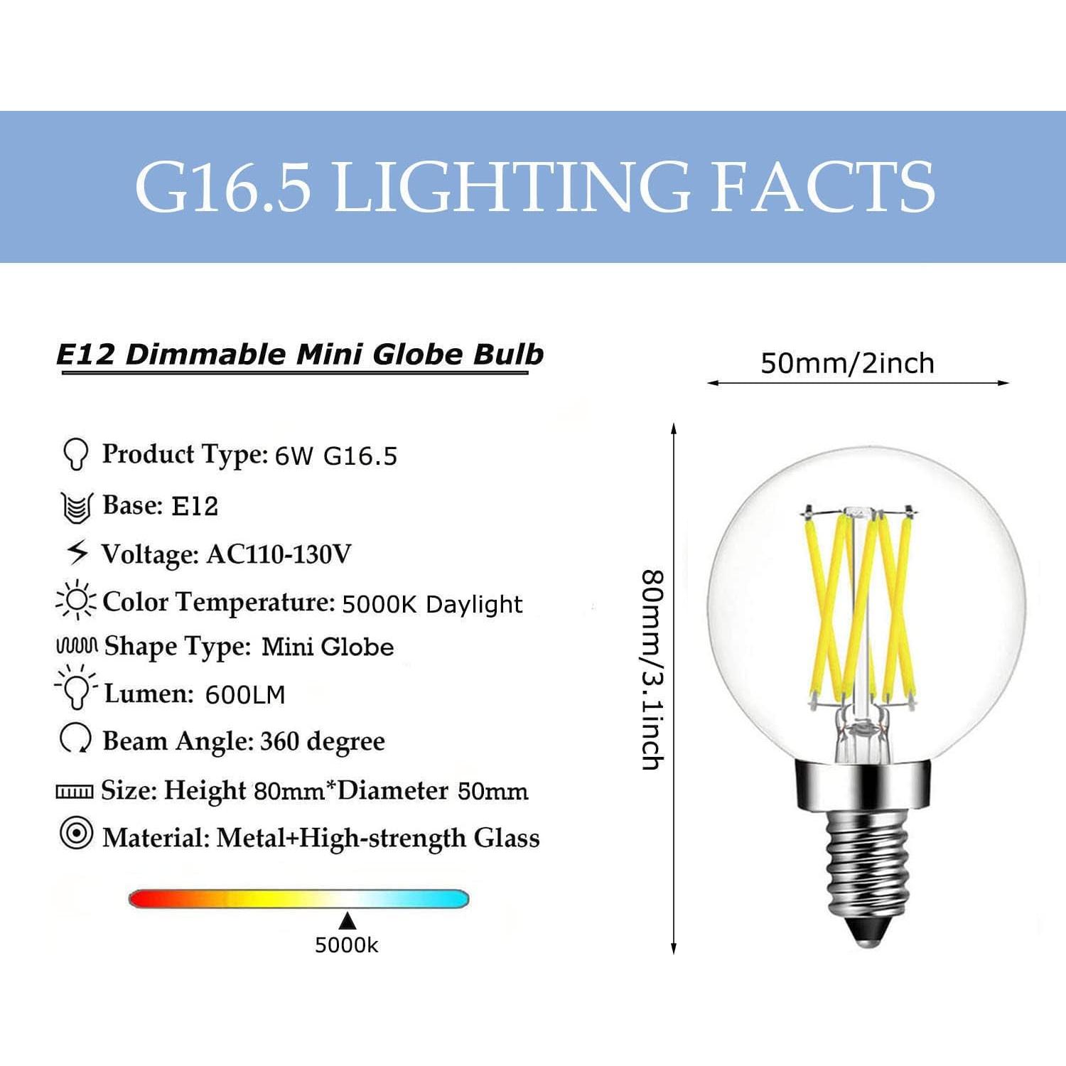Bombilla LED Dimmable E12 6W Luz Diurna 5000K Paquete de 5