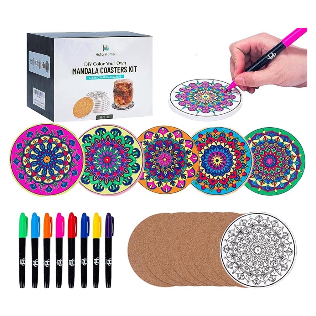 Kit de Posavasos Mandalas DIY Hula Home - 8 Cerámicos con Marcadores