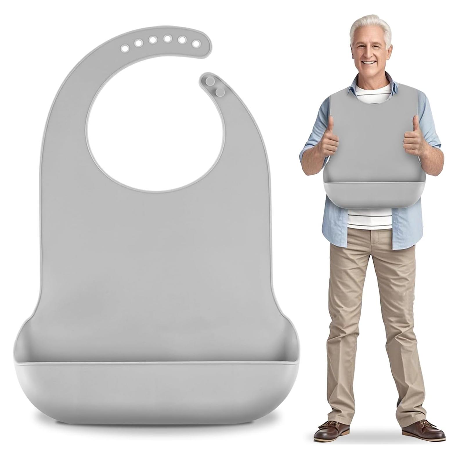 Babero de Silicona Ajustable TAMAÑO GRANDE Gris para Adultos