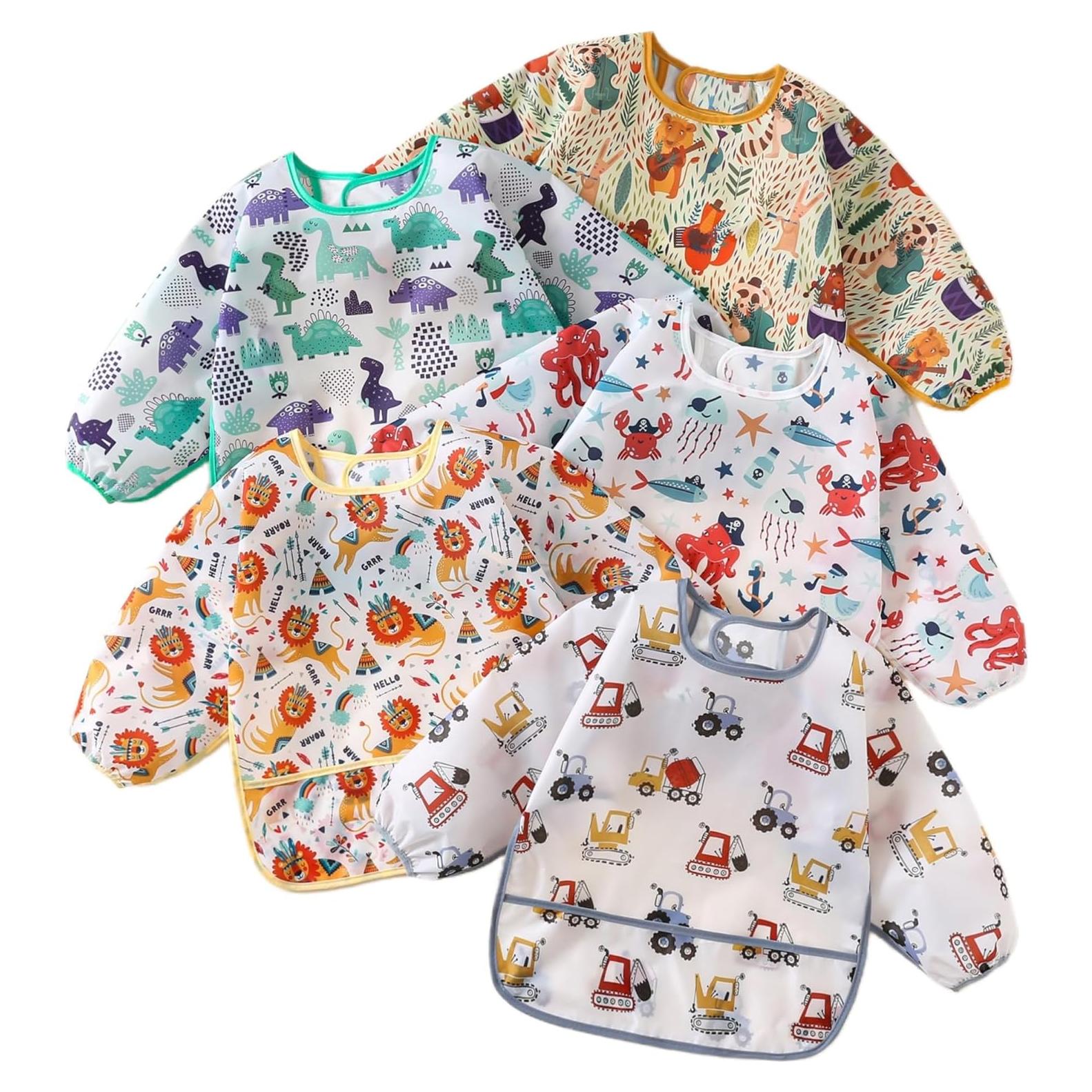 Baberos impermeables con mangas YeeLauf, paquete de 5 para bebés