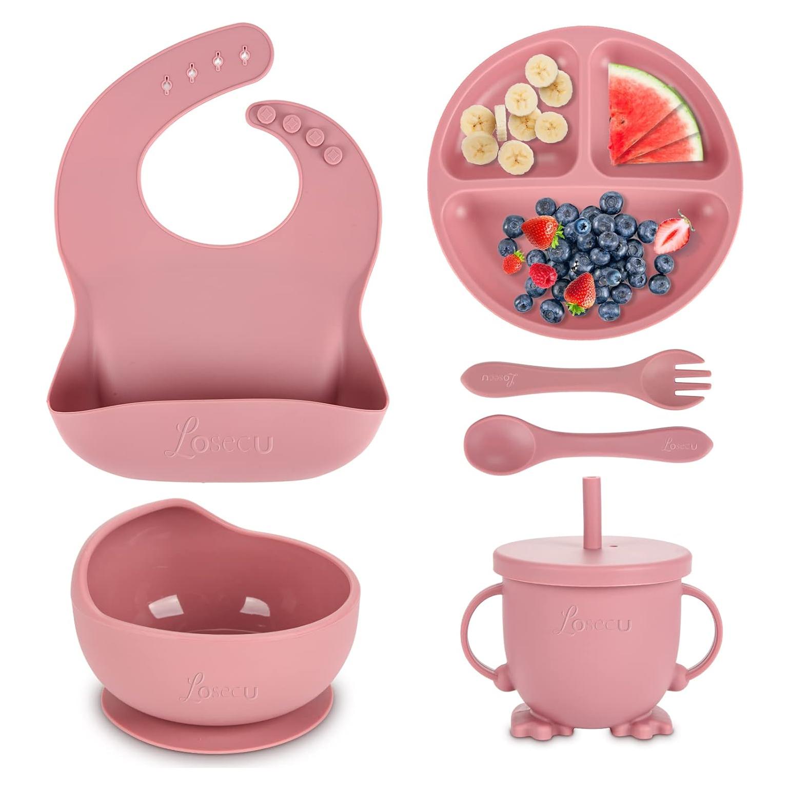 Juego de Alimentación Losecu 6 Piezas Silicona Rosa Antiderrame