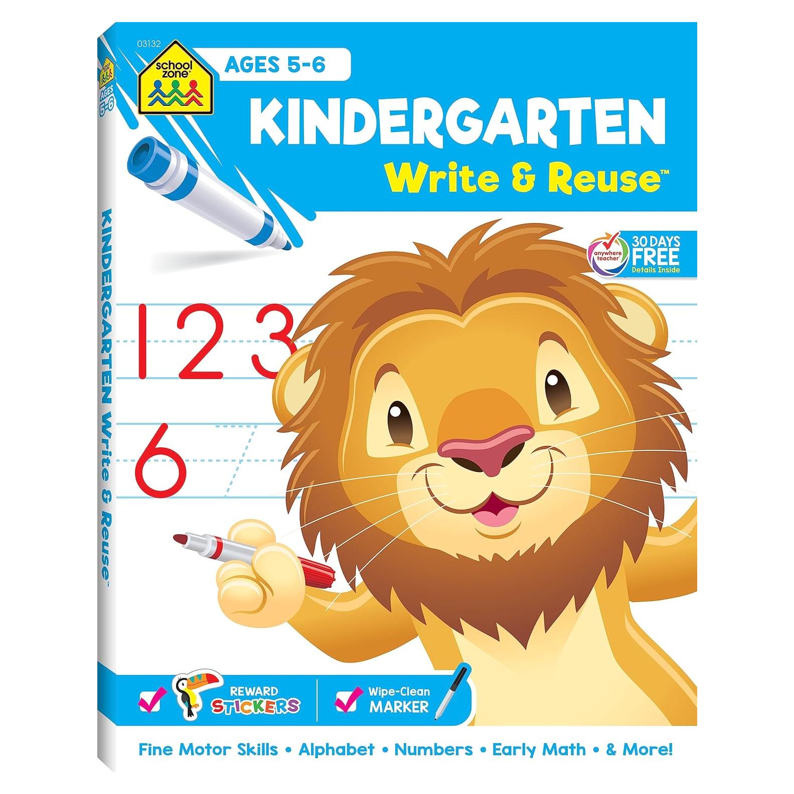 School Zone Kindergarten Write & Reuse Workbook: 52 Wipe-Clean Pages, Spiral Bound, Write-On Learning, Write & Wipe, Early Math, Includes Dry Erase Marker (School Zone Write & Reuse Workbook)