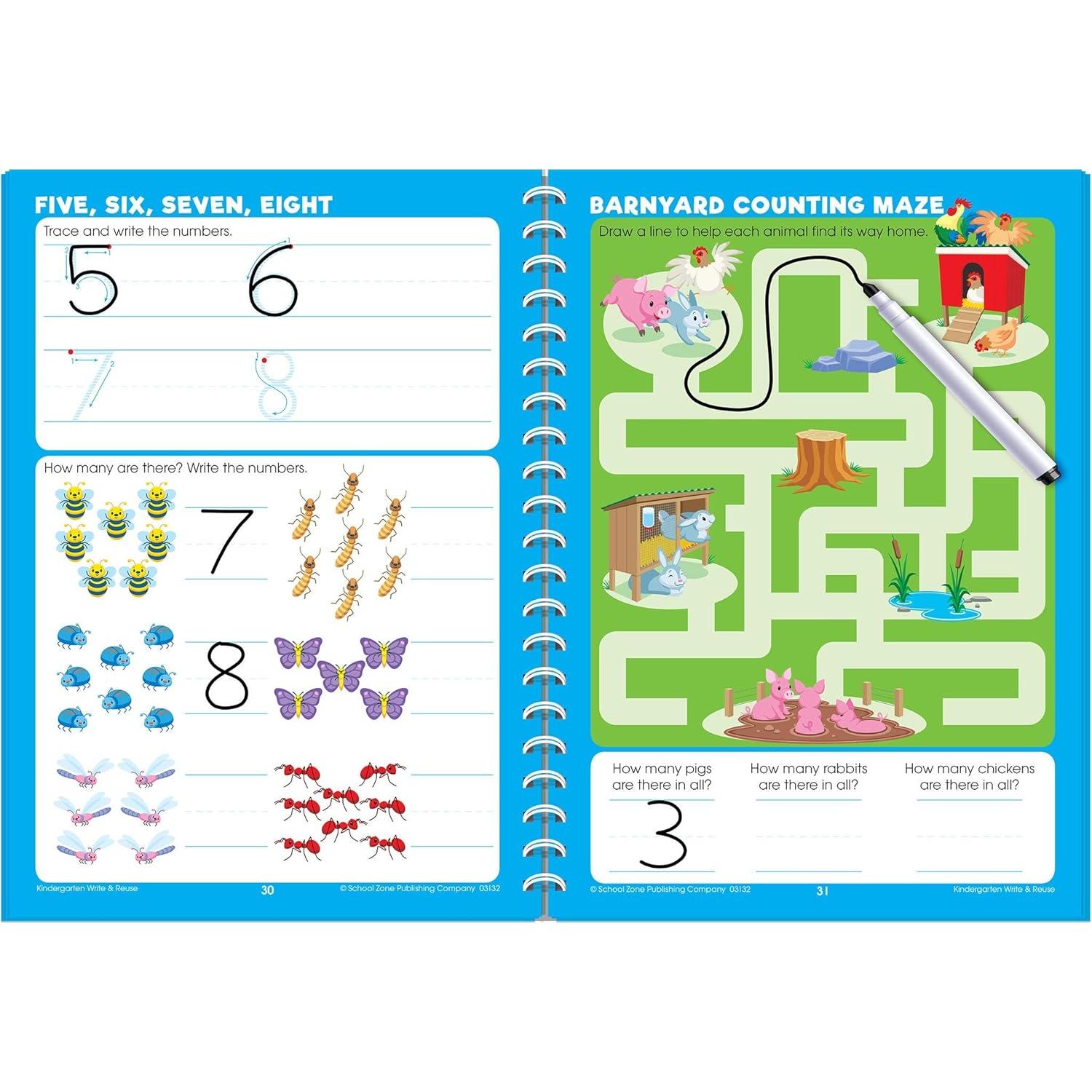 School Zone Kindergarten Write & Reuse Workbook: 52 Wipe-Clean Pages, Spiral Bound, Write-On Learning, Write & Wipe, Early Math, Includes Dry Erase Marker (School Zone Write & Reuse Workbook)