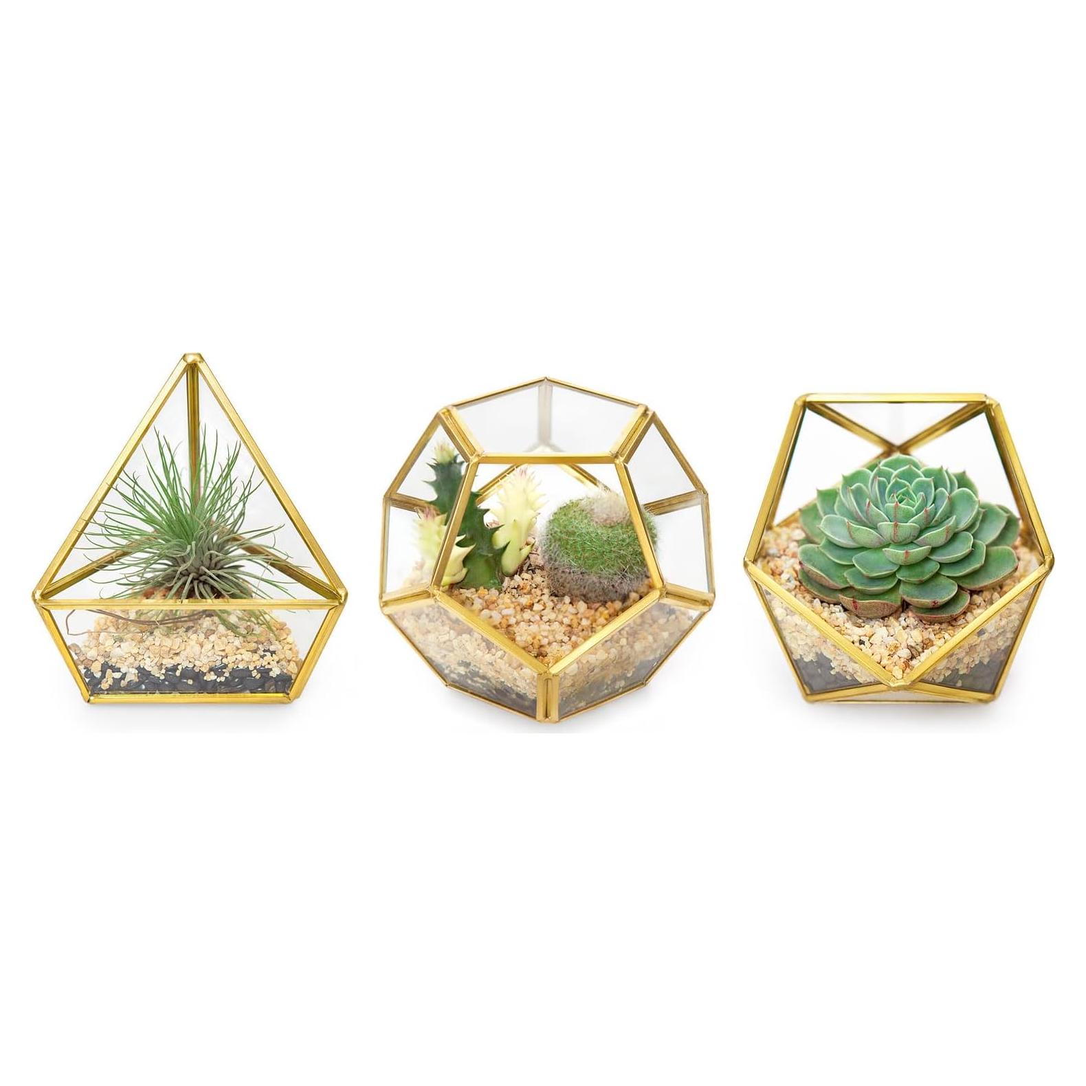 Set de 3 Macetas Geométricas de Vidrio Mkono 10.16 cm Dorado