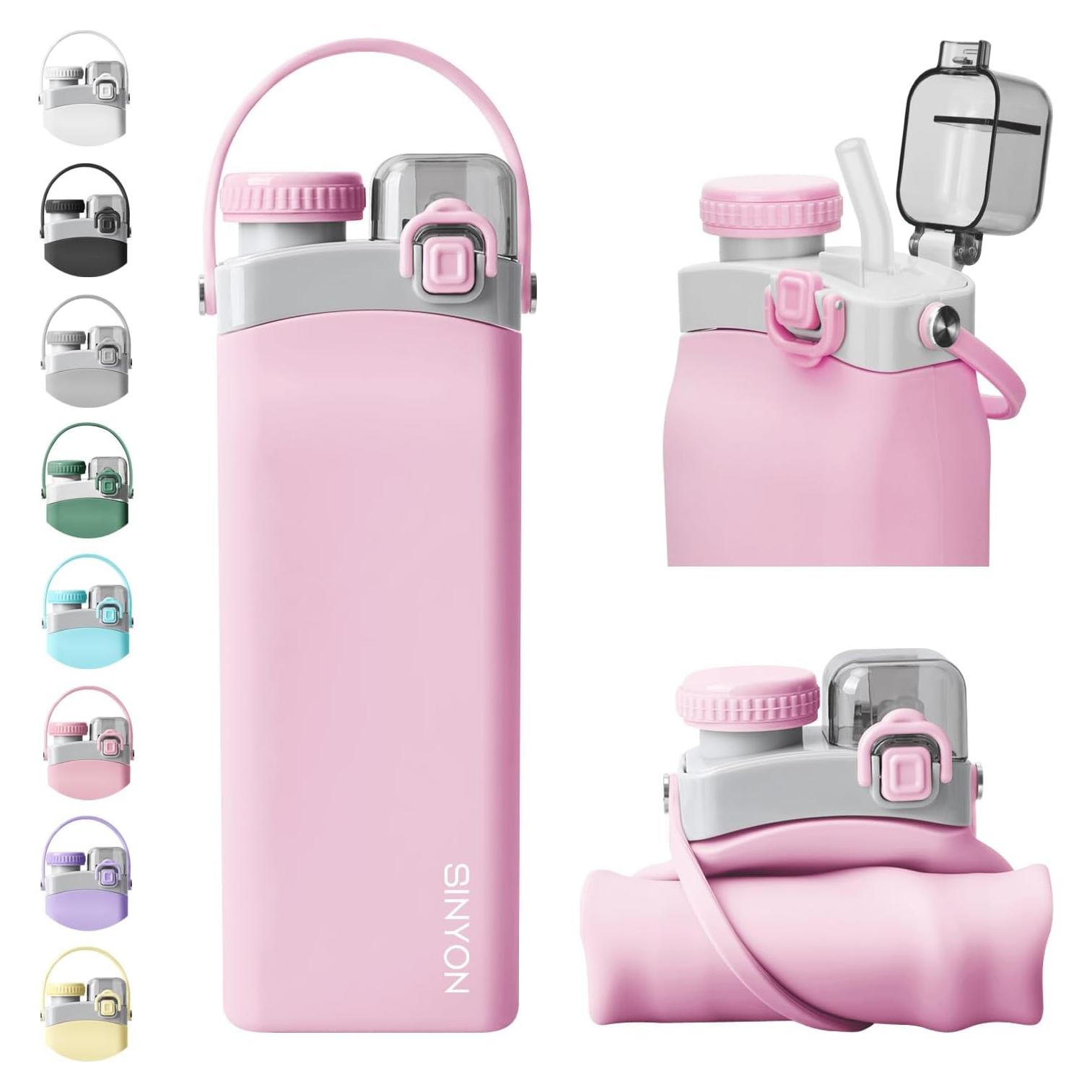 Botella de Agua Plegable Sinyon 600ml Silicona Rosa a Prueba de Fugas