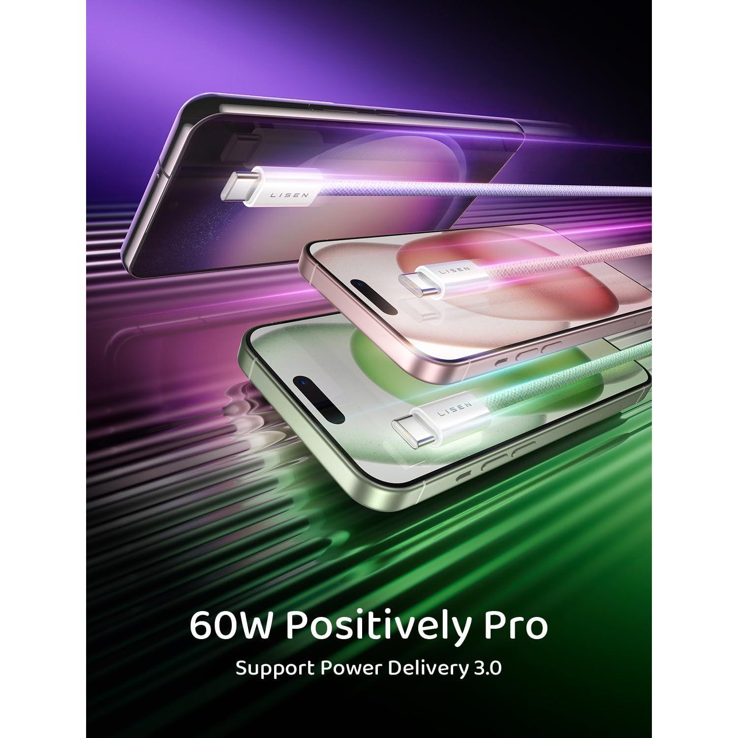 Cargador Rápido LISEN 60W USB-C a USB-C 3 Pack Multicolor