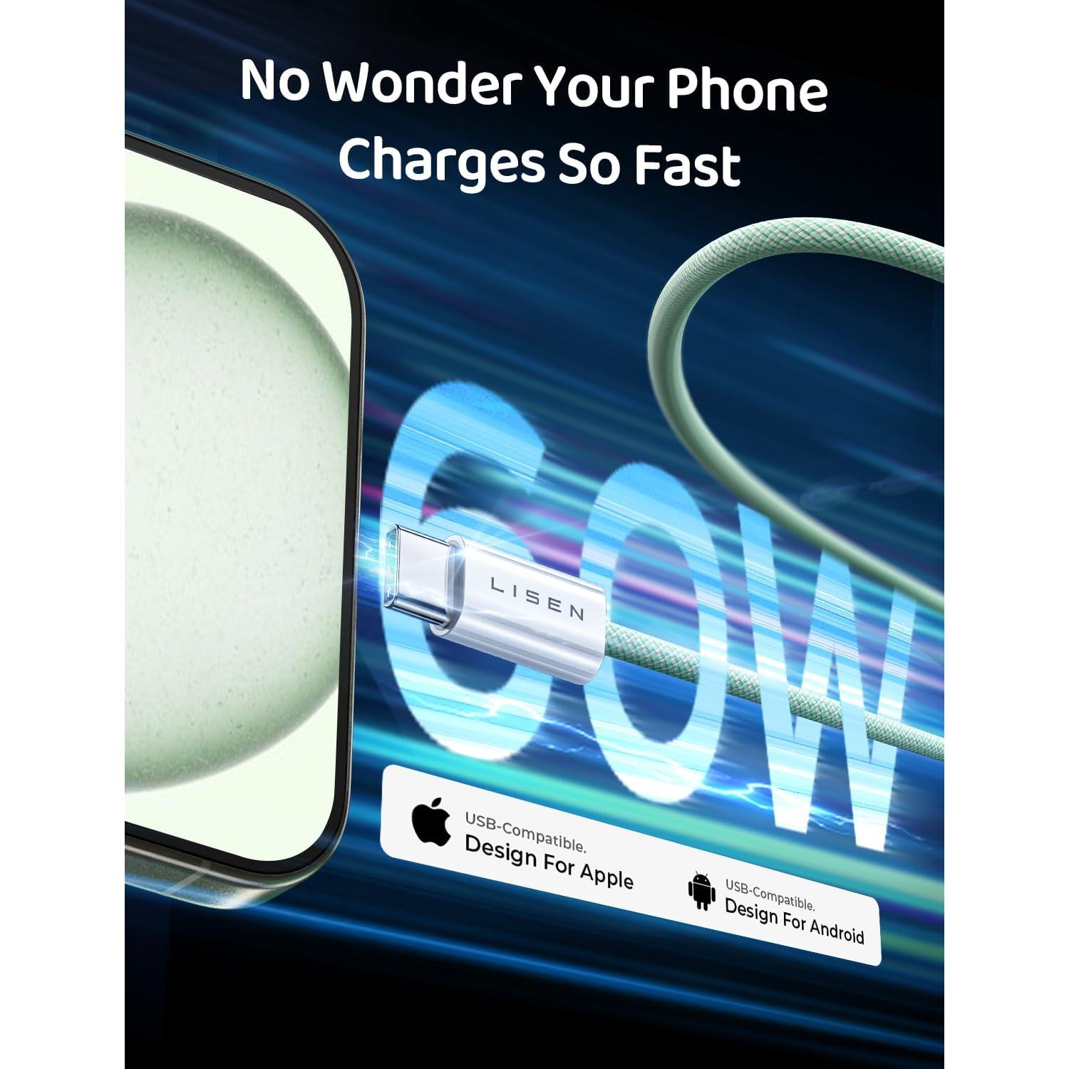 Cargador Rápido LISEN 60W USB-C a USB-C 3 Pack Multicolor