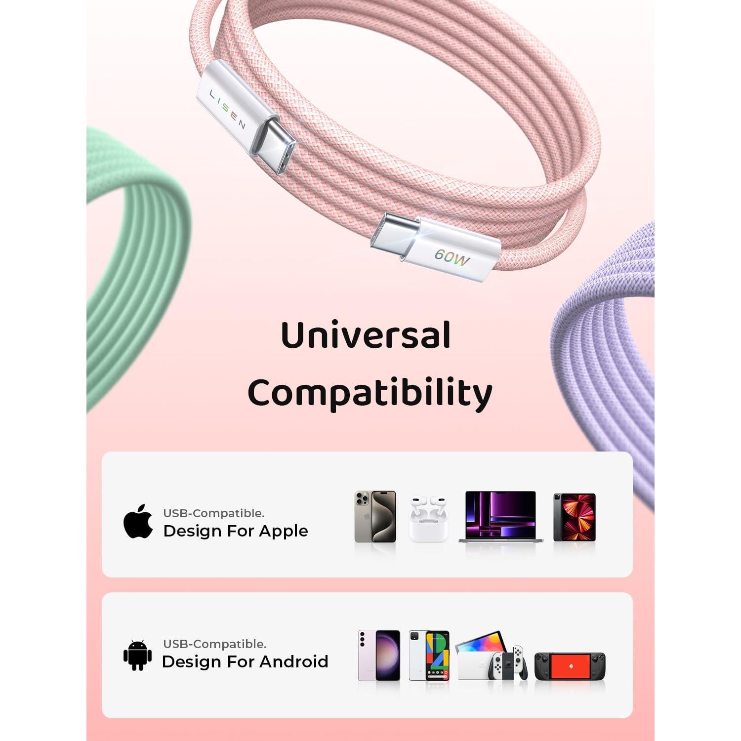 Cargador Rápido LISEN 60W USB-C a USB-C 3 Pack Multicolor