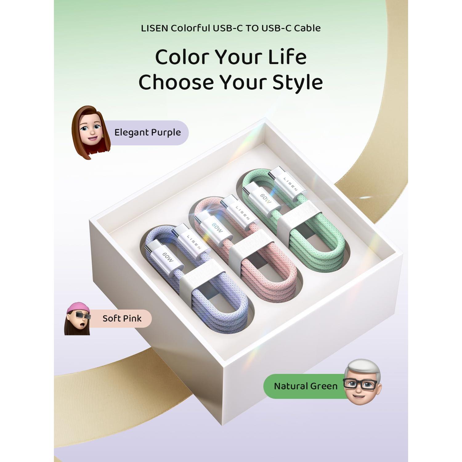 Cargador Rápido LISEN 60W USB-C a USB-C 3 Pack Multicolor