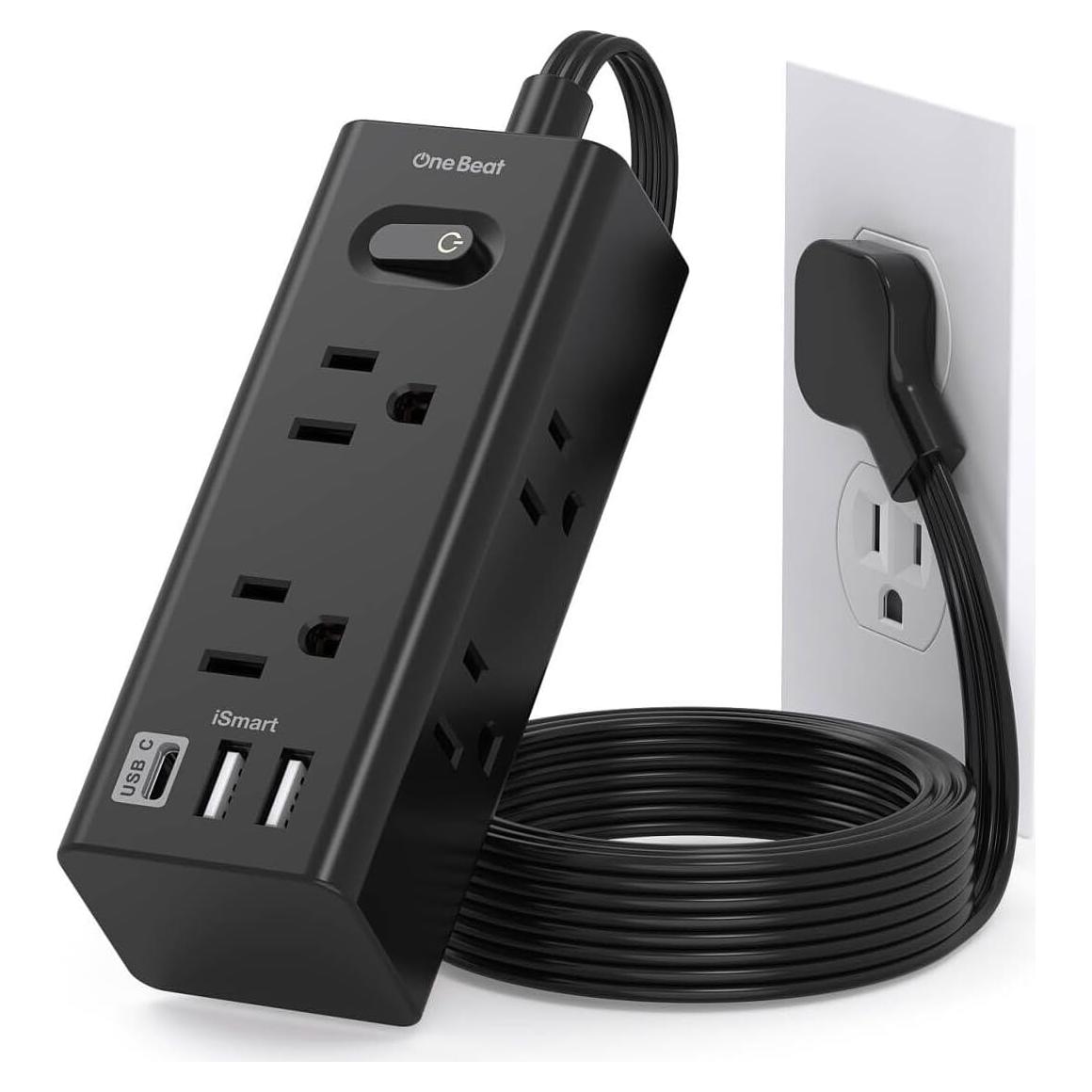 Regleta de Extensión 1 Pie One Beat 6 Salidas 3 USB Negro