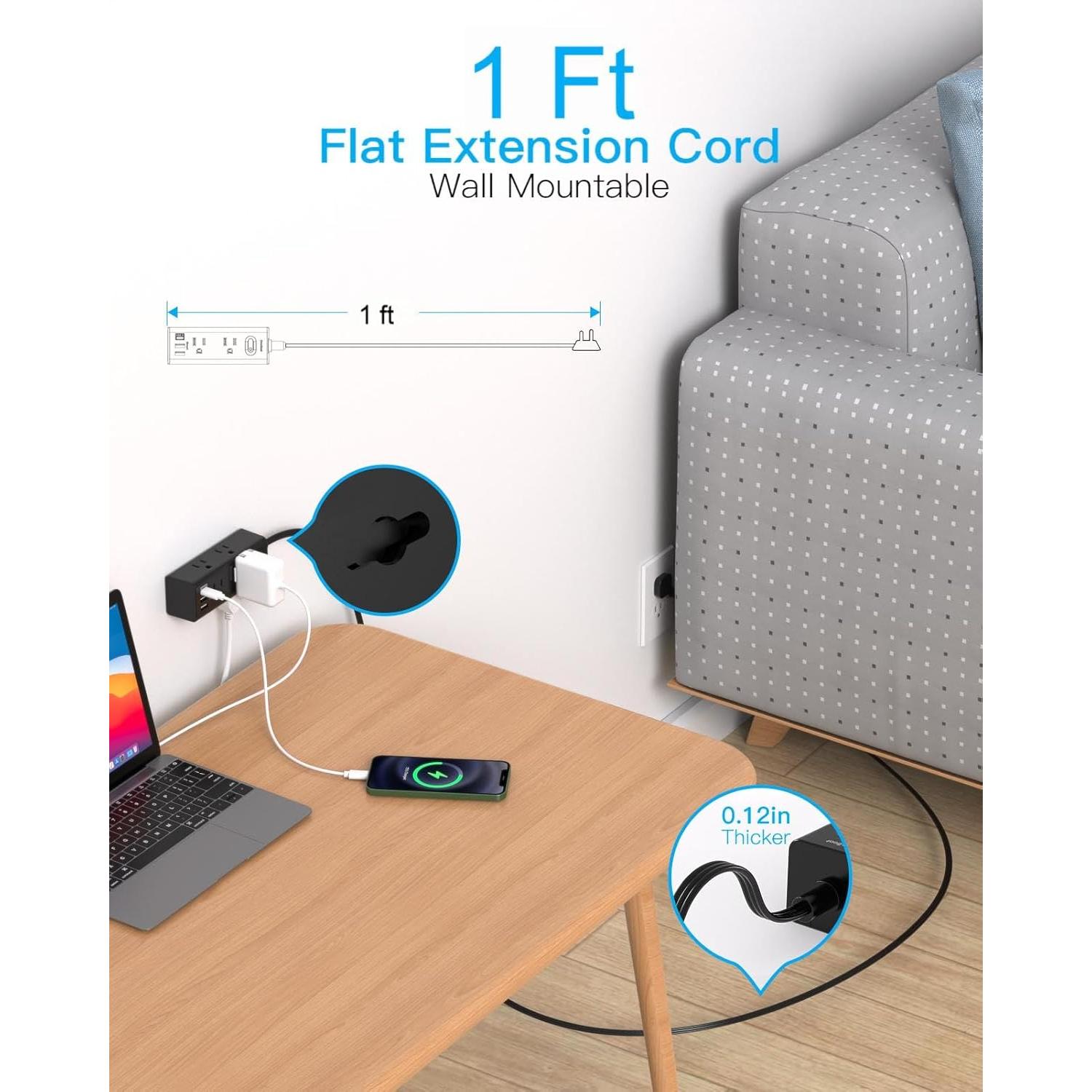 Regleta de Extensión 1 Pie One Beat 6 Salidas 3 USB Negro