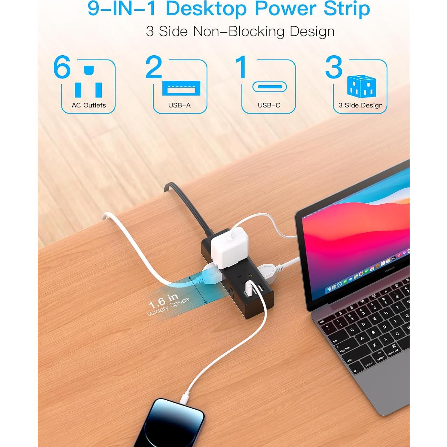 Regleta de Extensión 1 Pie One Beat 6 Salidas 3 USB Negro