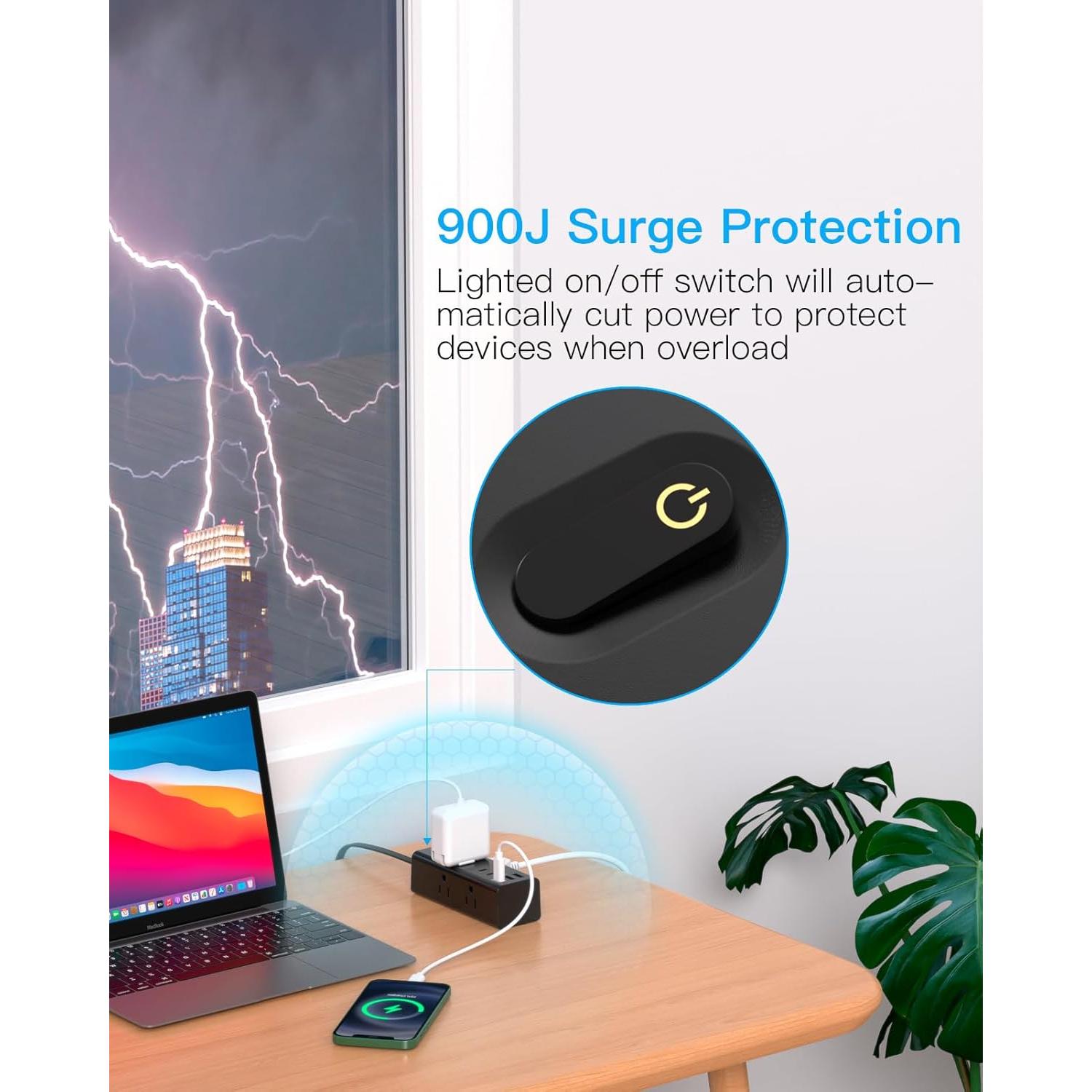 Regleta de Extensión 1 Pie One Beat 6 Salidas 3 USB Negro