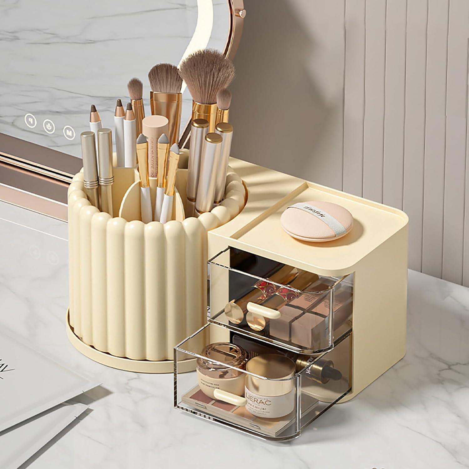Soporte Rotatorio de Brochas de Maquillaje Anyoifax 7 Compartimentos Beige