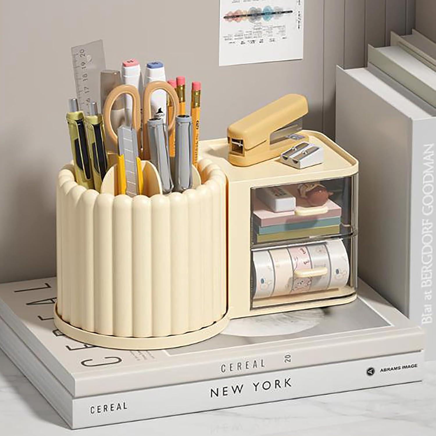 Soporte Rotatorio de Brochas de Maquillaje Anyoifax 7 Compartimentos Beige