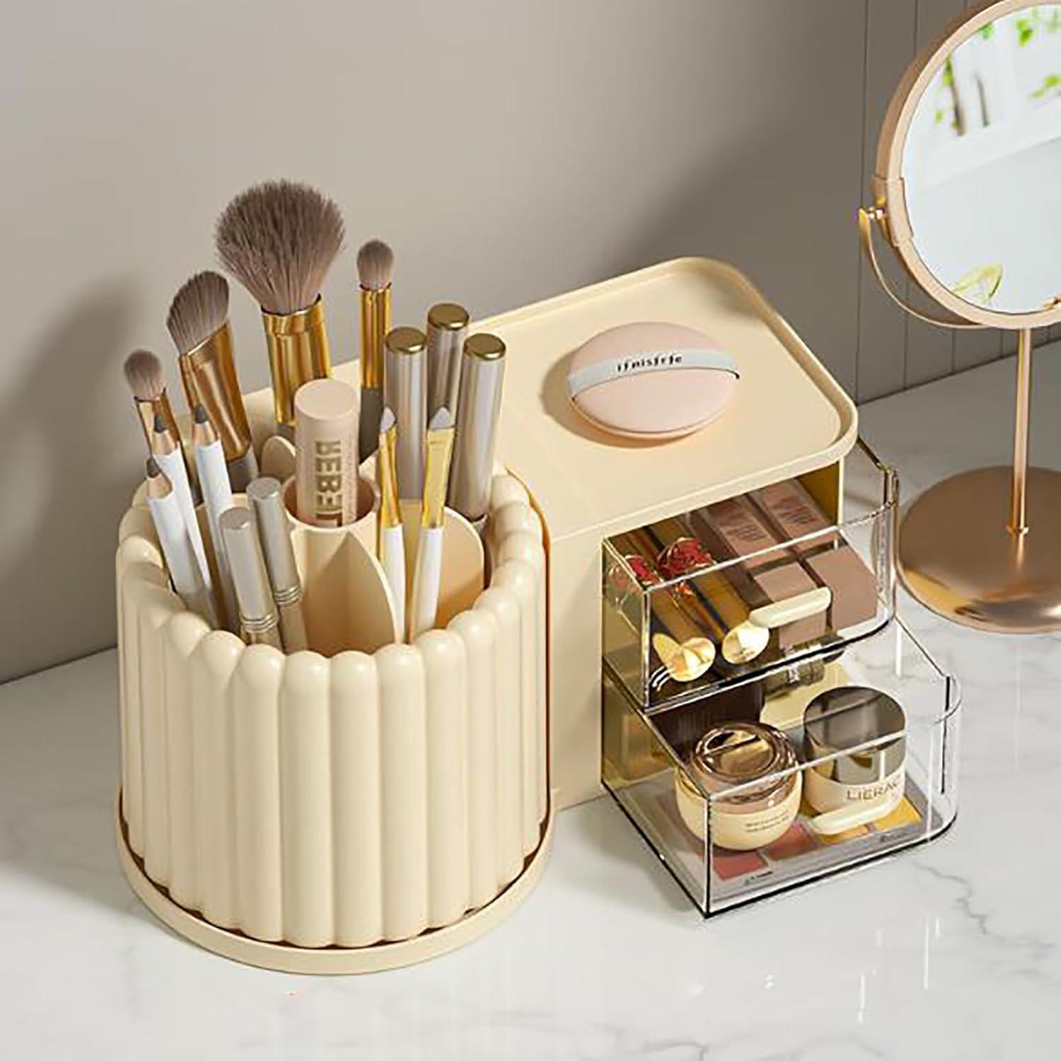 Soporte Rotatorio de Brochas de Maquillaje Anyoifax 7 Compartimentos Beige