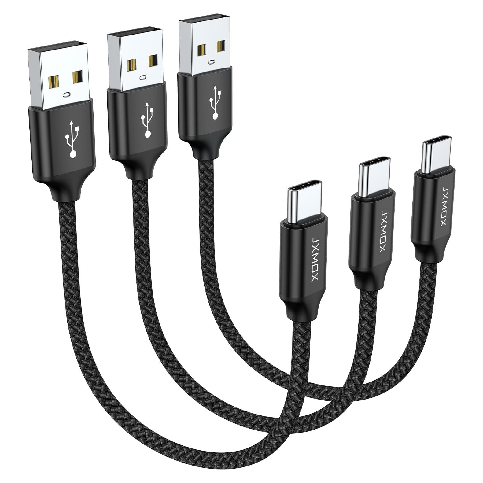 Cable USB C Corto JXMOX 0.15m 3-Pack Carga Rápida 3.1A Negro
