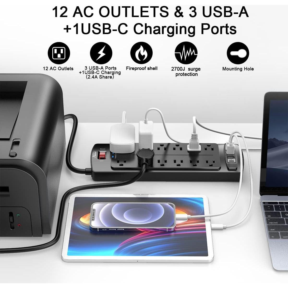 Regleta de Poder Alestor 12 Salidas AC y 4 USB 6 Pies