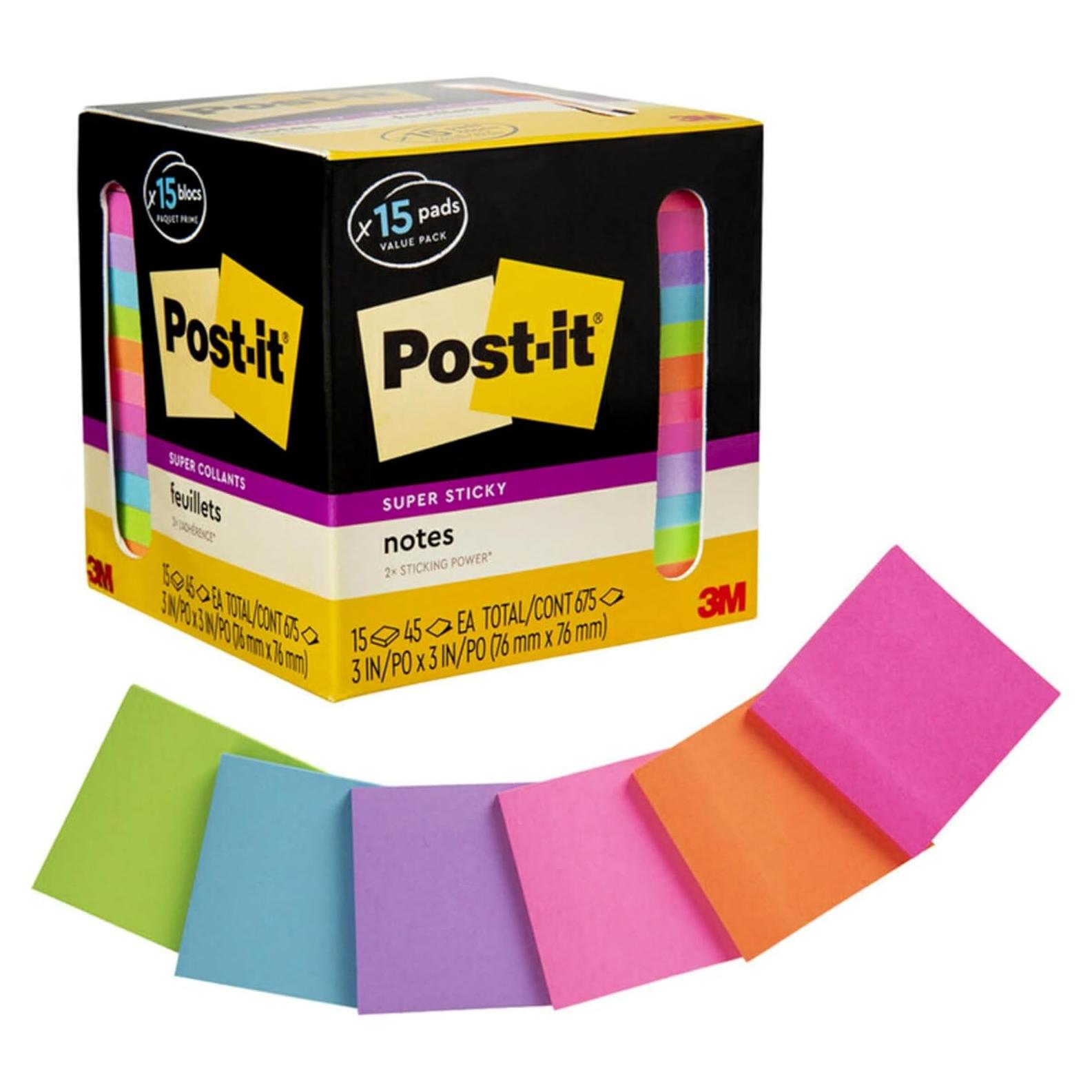 Notas Post-it Súper Adhesivas 3x3 cm 15 Bloc 45 Hojas Multicolor