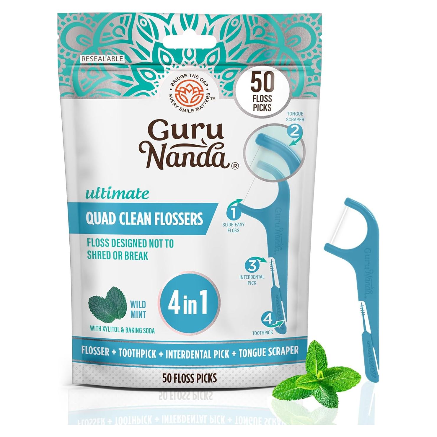 GuruNanda Quad Clean Floss Picks 4-in-1 with Tongue Scraper, Interdental Pik & Toothpick, Non-Shred Dyneema Thread, with Xylitol & Baking Soda, 50ct