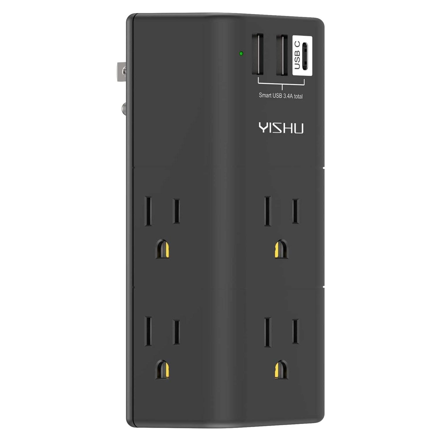 Regleta de Energía YISHU con 6 Salidas AC y 3 USB, Negro
