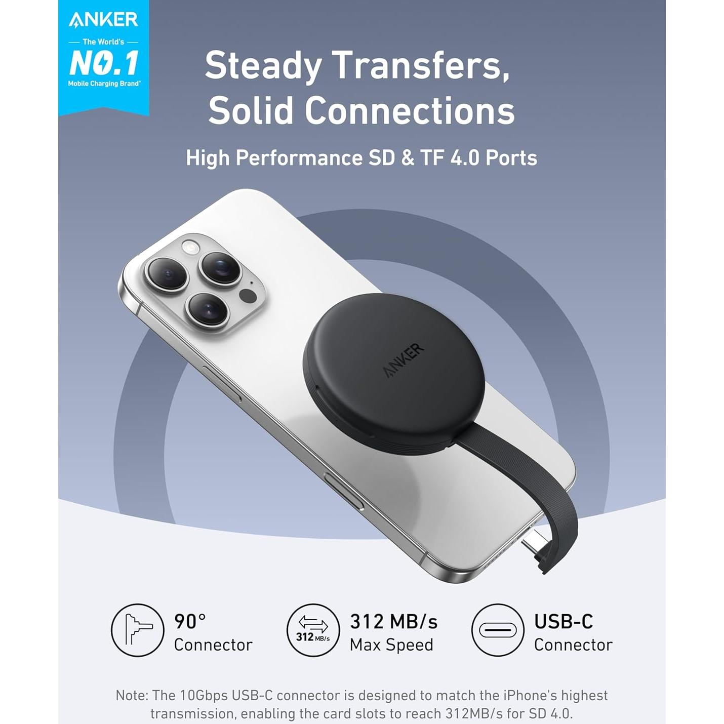 Adaptador USB-C Anker MagGo para iPhone 16/15, Lector SD/TF