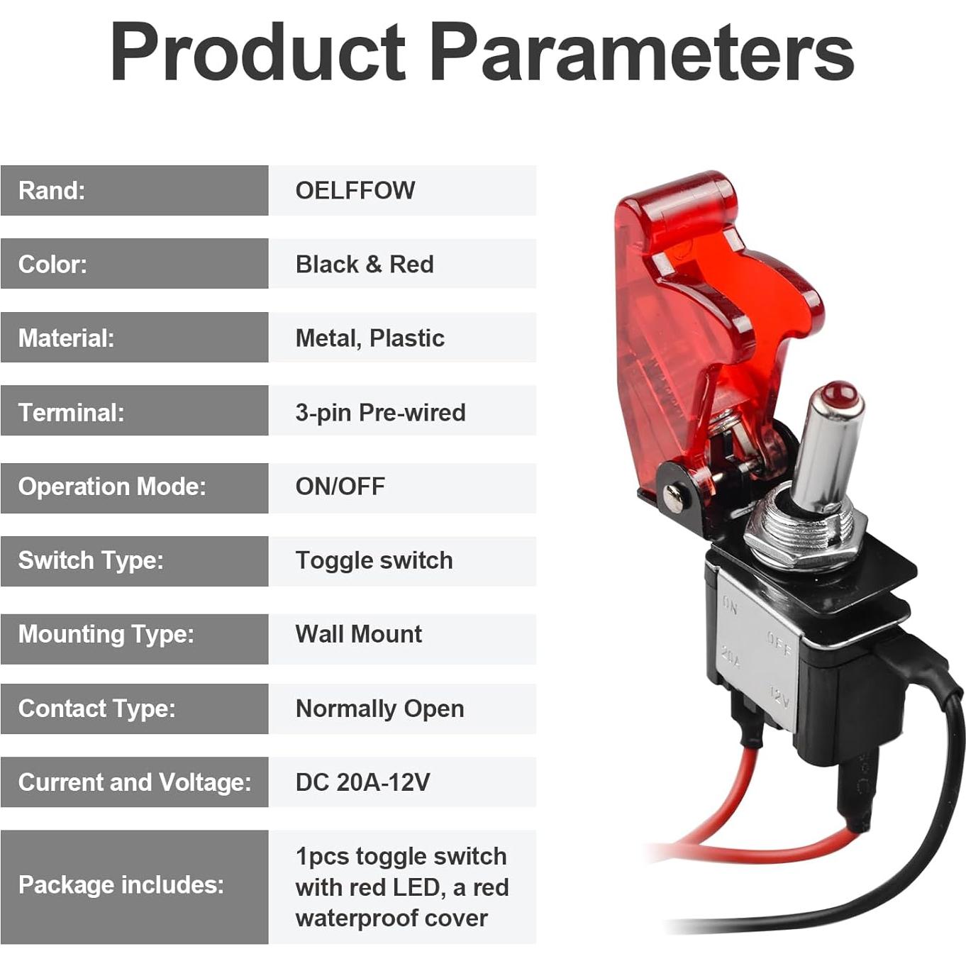 Interruptor de Palanca DC 20A 12V Minyu con LED Rojo y Tapa Impermeable
