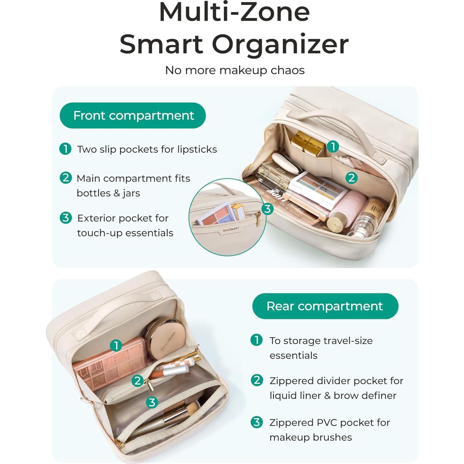 Bolsa de Maquillaje de Viaje BAGSMART Beige - Organizador Compacto
