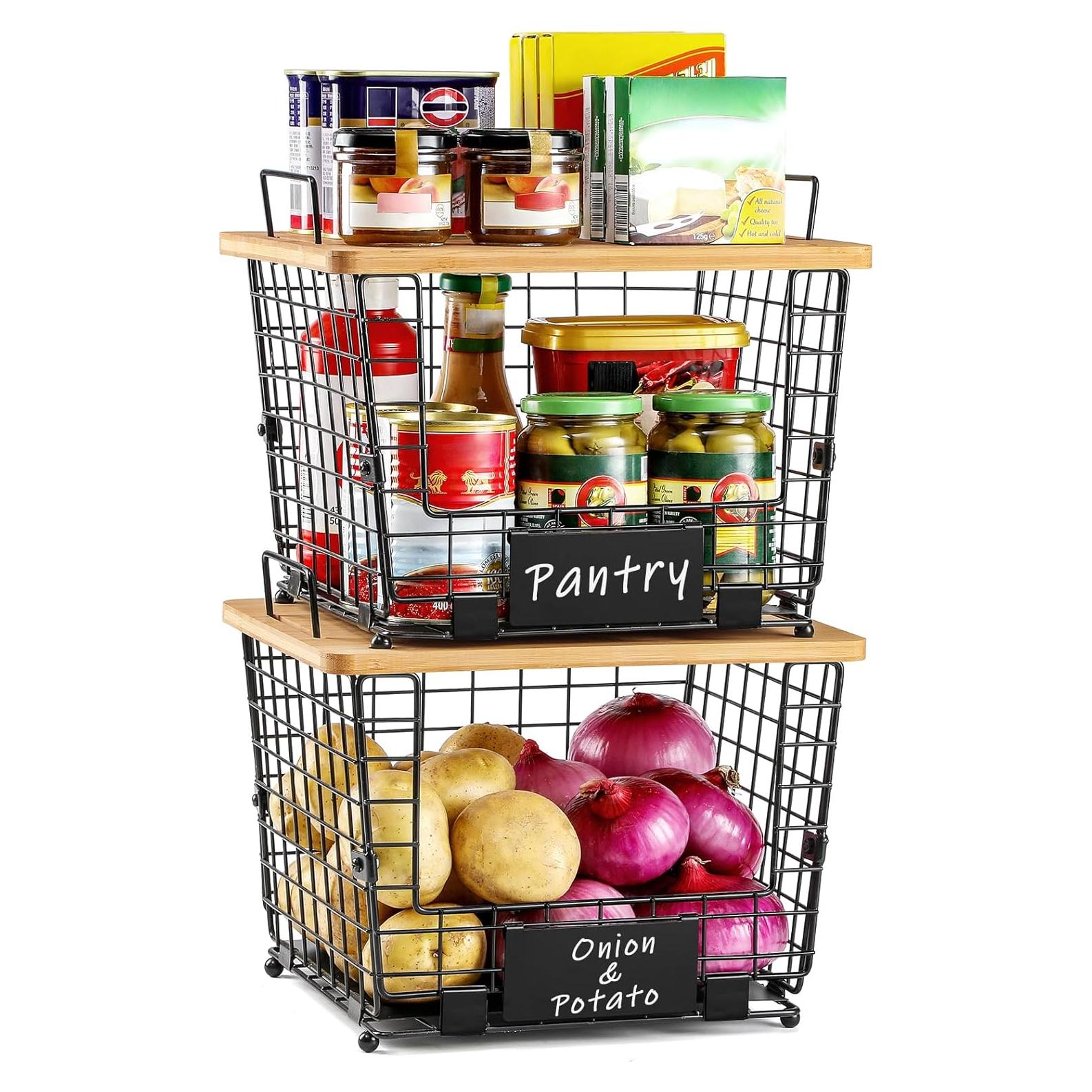 Cesta Apilable Grande AOZITA con Tapa de Bambú - Organizador Multiuso