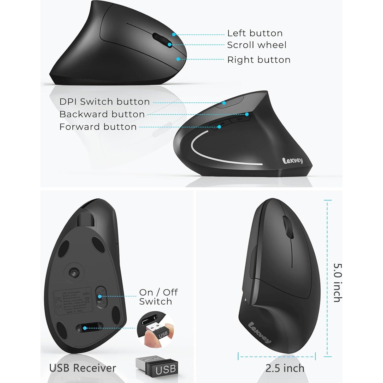 Mouse Ergonómico Inalámbrico Lekvey Vertical 2.4GHz 3 DPI Ajustables