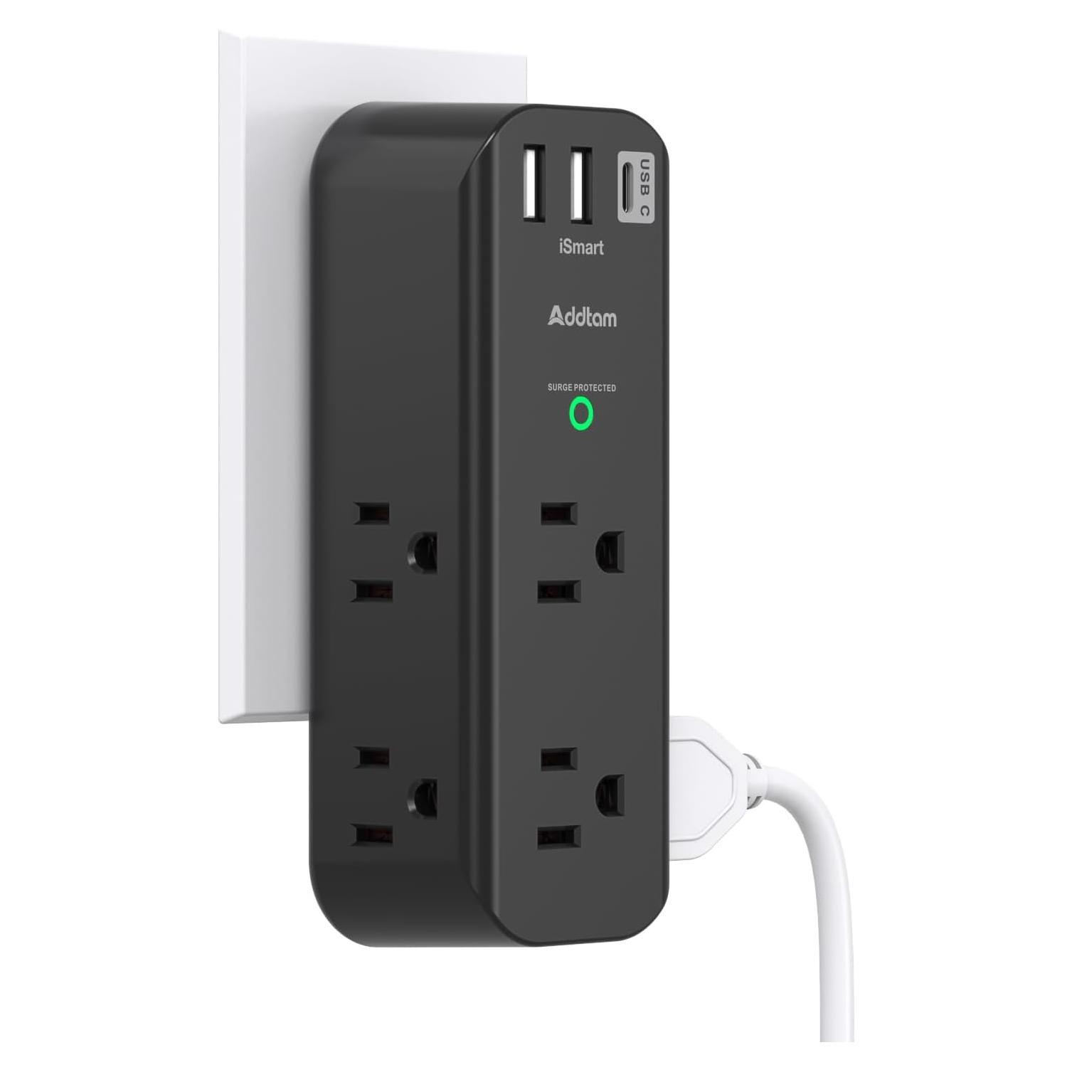 Extensor de Enchufe Addtam 6 AC + 3 USB Giratorio 1800J Negro