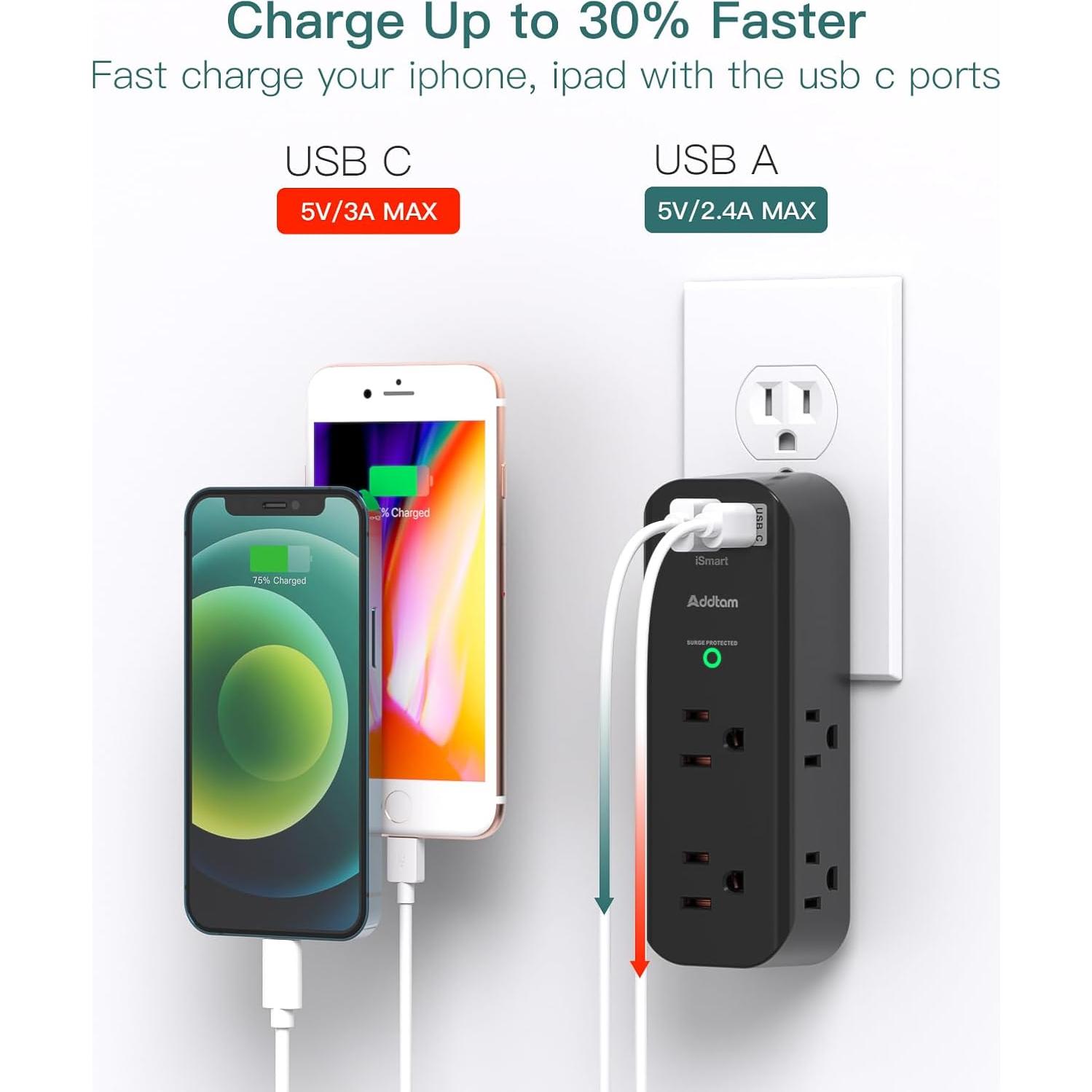 Extensor de Enchufe Addtam 6 AC + 3 USB Giratorio 1800J Negro