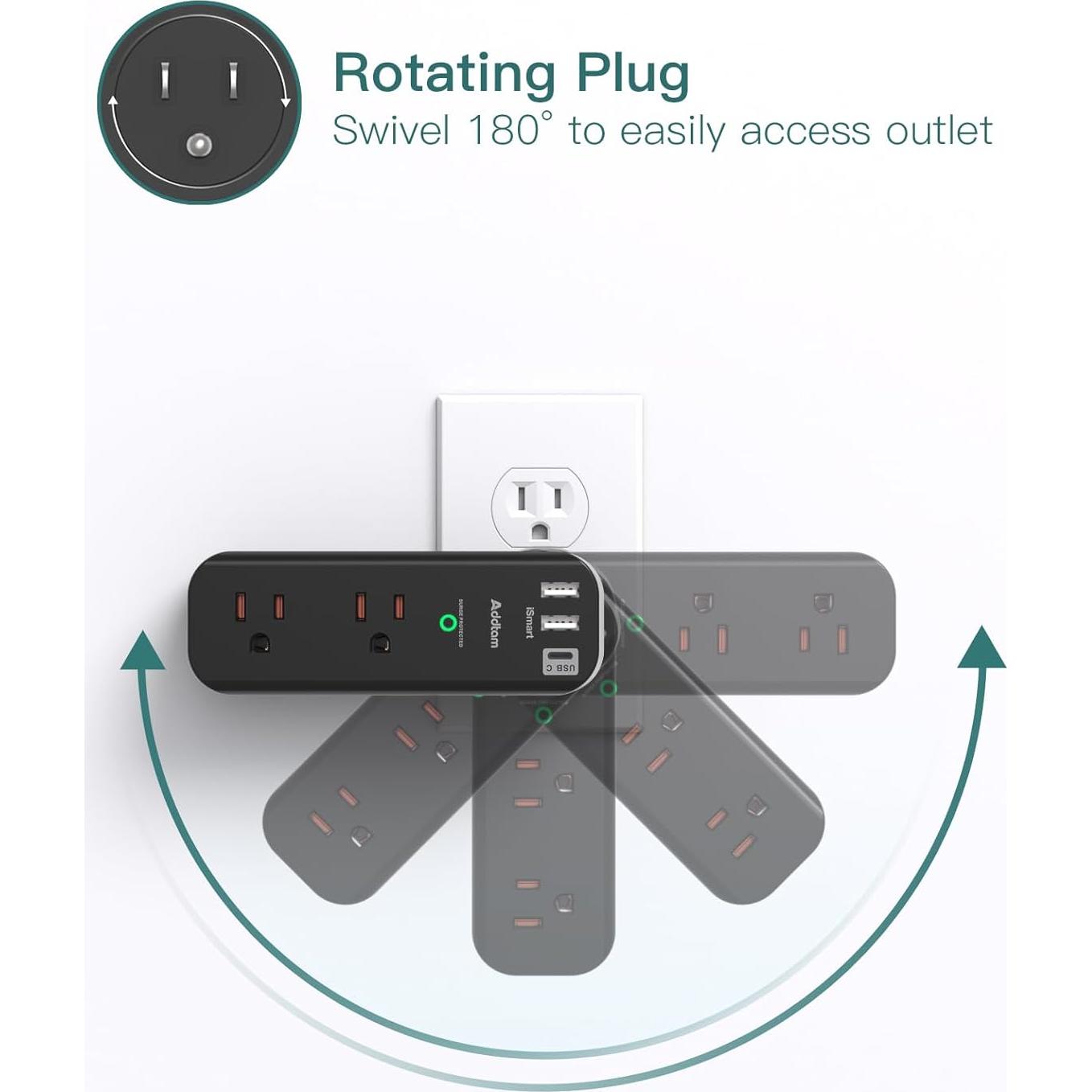 Extensor de Enchufe Addtam 6 AC + 3 USB Giratorio 1800J Negro