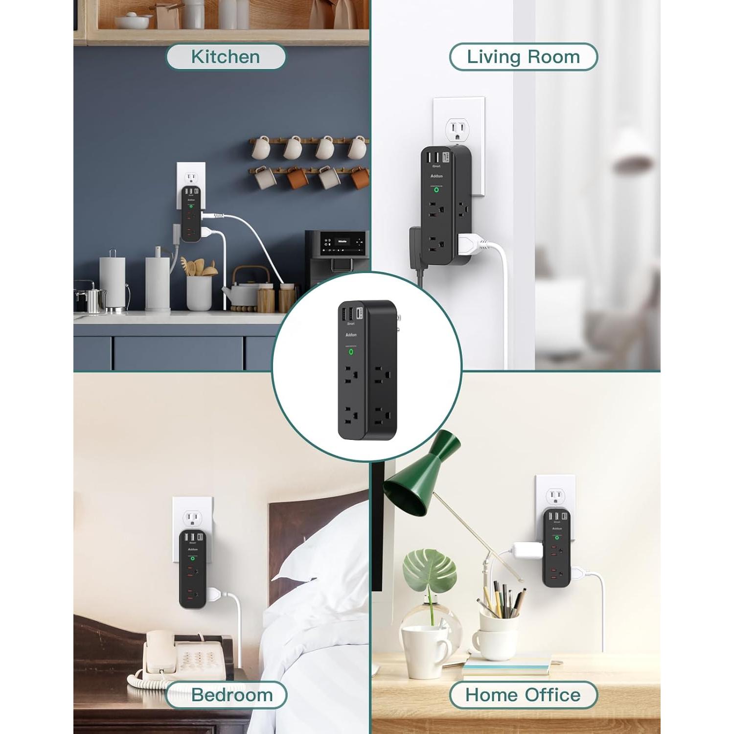 Extensor de Enchufe Addtam 6 AC + 3 USB Giratorio 1800J Negro